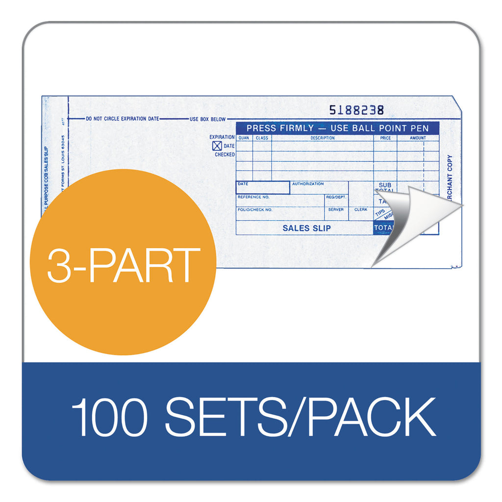 Credit Card Sales Slip, Three-Part Carbonless, 7.78 x 3.25, 100 Forms Total - 