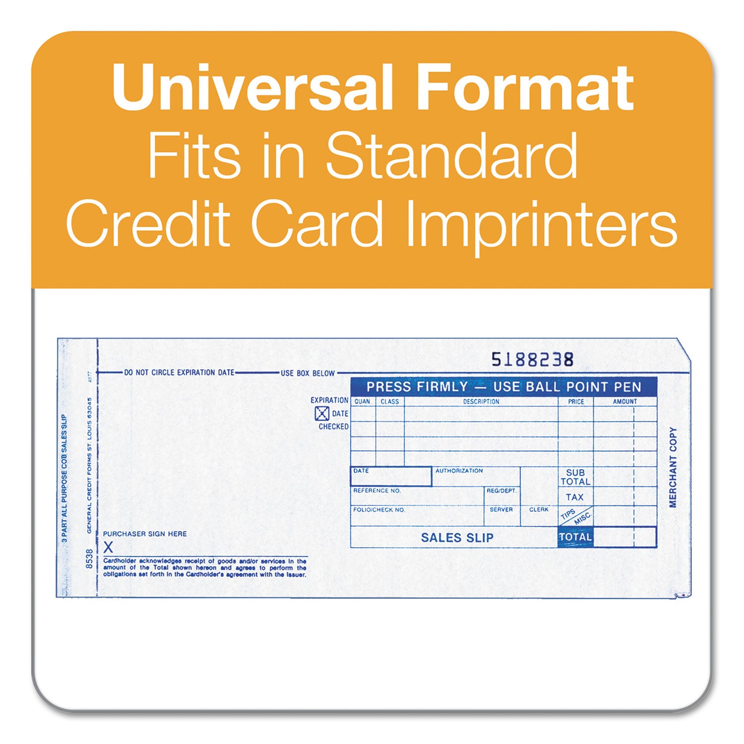 Credit Card Sales Slip, Three-Part Carbonless, 7.78 x 3.25, 100 Forms Total - 