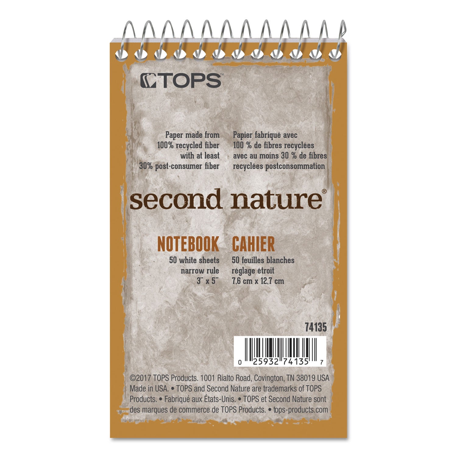 Second Nature Wirebound Notepads, Narrow Rule, Randomly Assorted Cover Colors, 50 White 3 x 5 Sheets - 