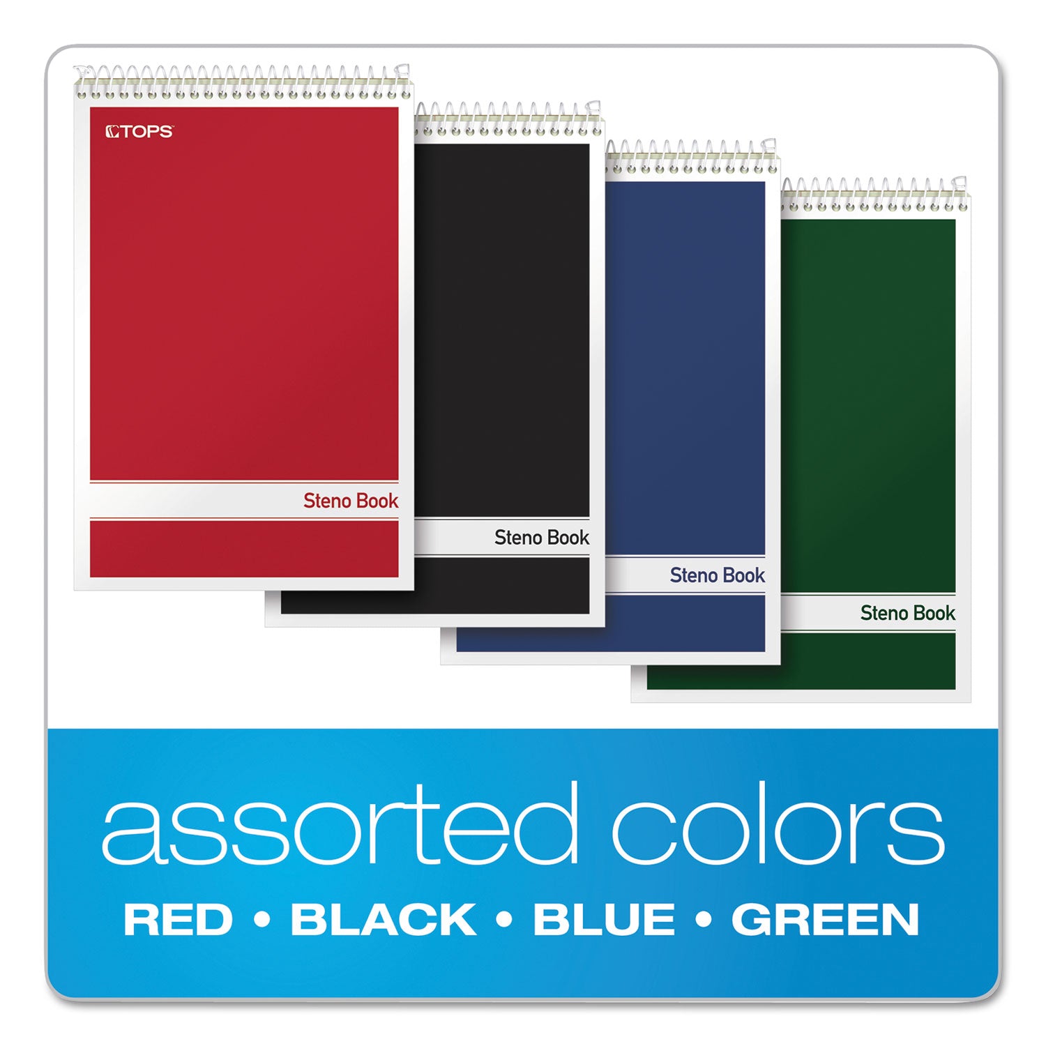 Steno Pad, Gregg Rule, Assorted Cover Colors, 80 Green-Tint 6 x 9 Sheets, 4/Pack - 