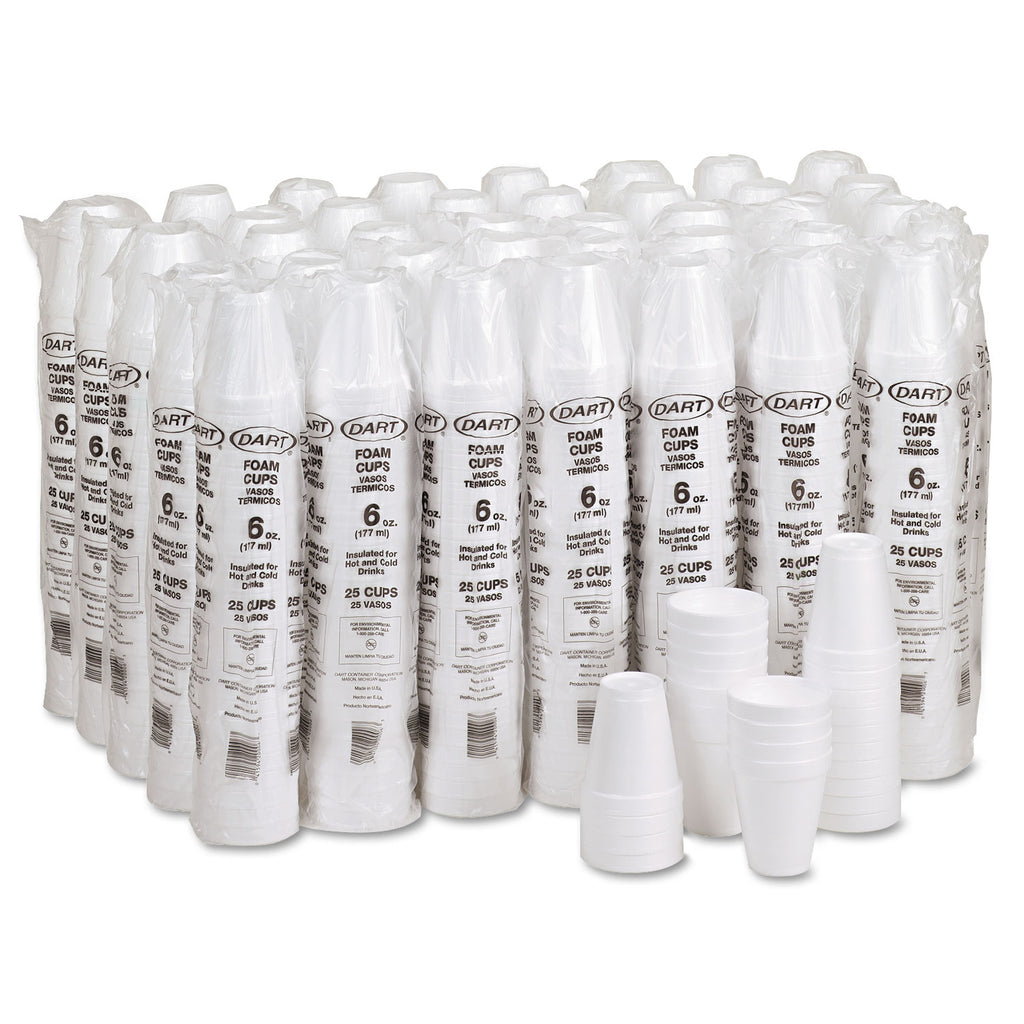 Foam Drink Cups, 6 oz, White, 25/Bag, 40 Bags/Carton