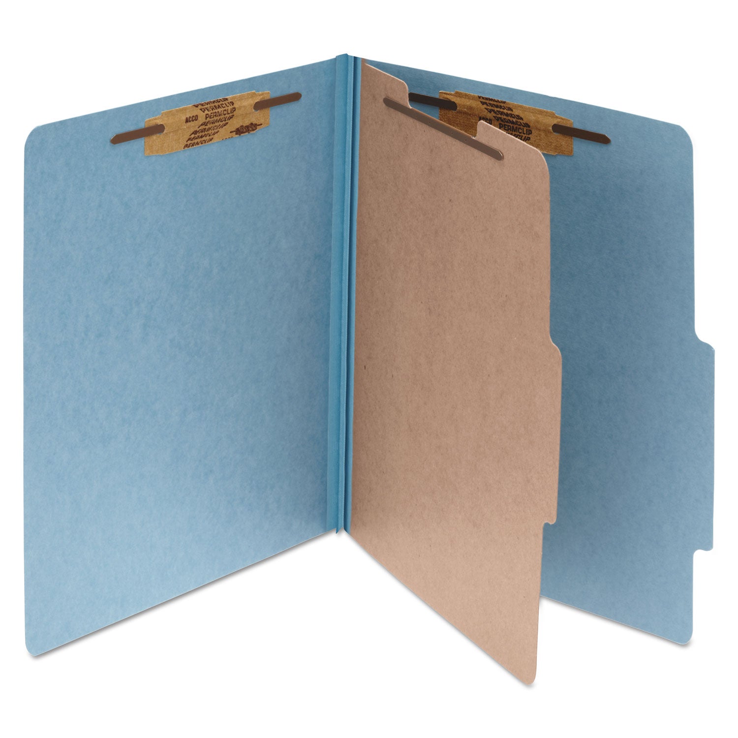 Pressboard Classification Folders, 2" Expansion, 1 Divider, 4 Fasteners, Letter Size, Sky Blue Exterior, 10/Box - 
