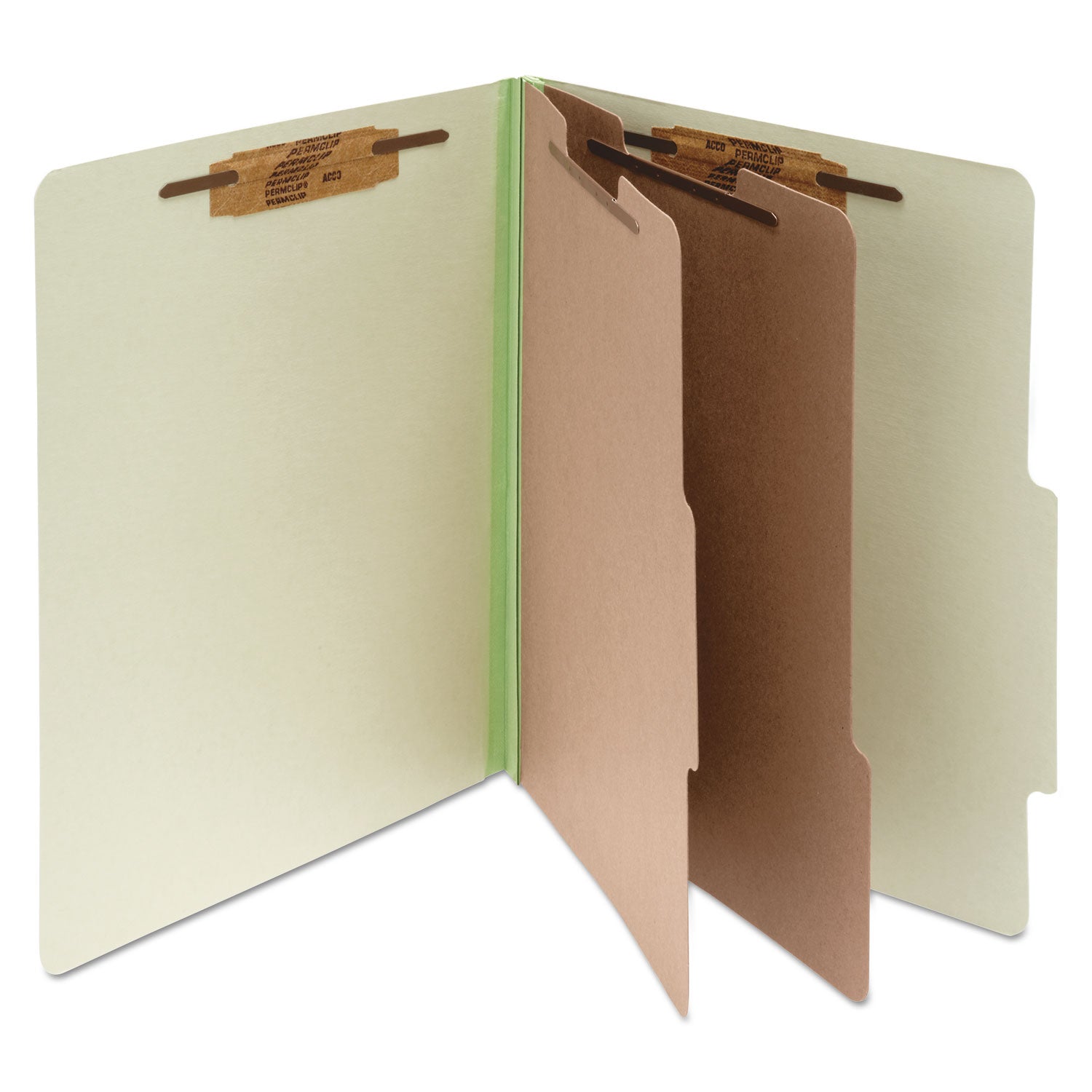 Pressboard Classification Folders, 3" Expansion, 2 Dividers, 6 Fasteners, Legal Size, Leaf Green Exterior, 10/Box - 