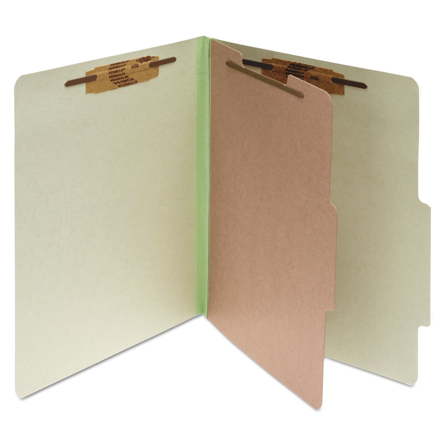 Pressboard Classification Folders, 2" Expansion, 1 Divider, 4 Fasteners, Legal Size, Leaf Green Exterior, 10/Box - 