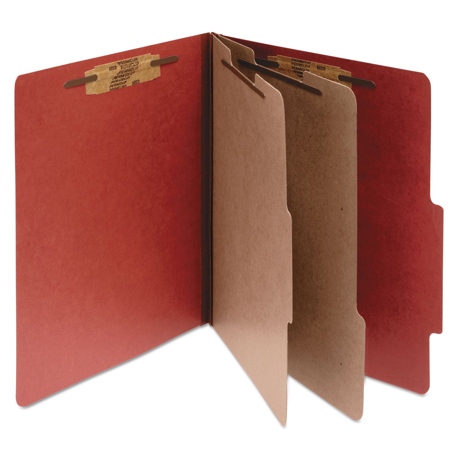 Pressboard Classification Folders, 3" Expansion, 2 Dividers, 6 Fasteners, Legal Size, Earth Red Exterior, 10/Box - 