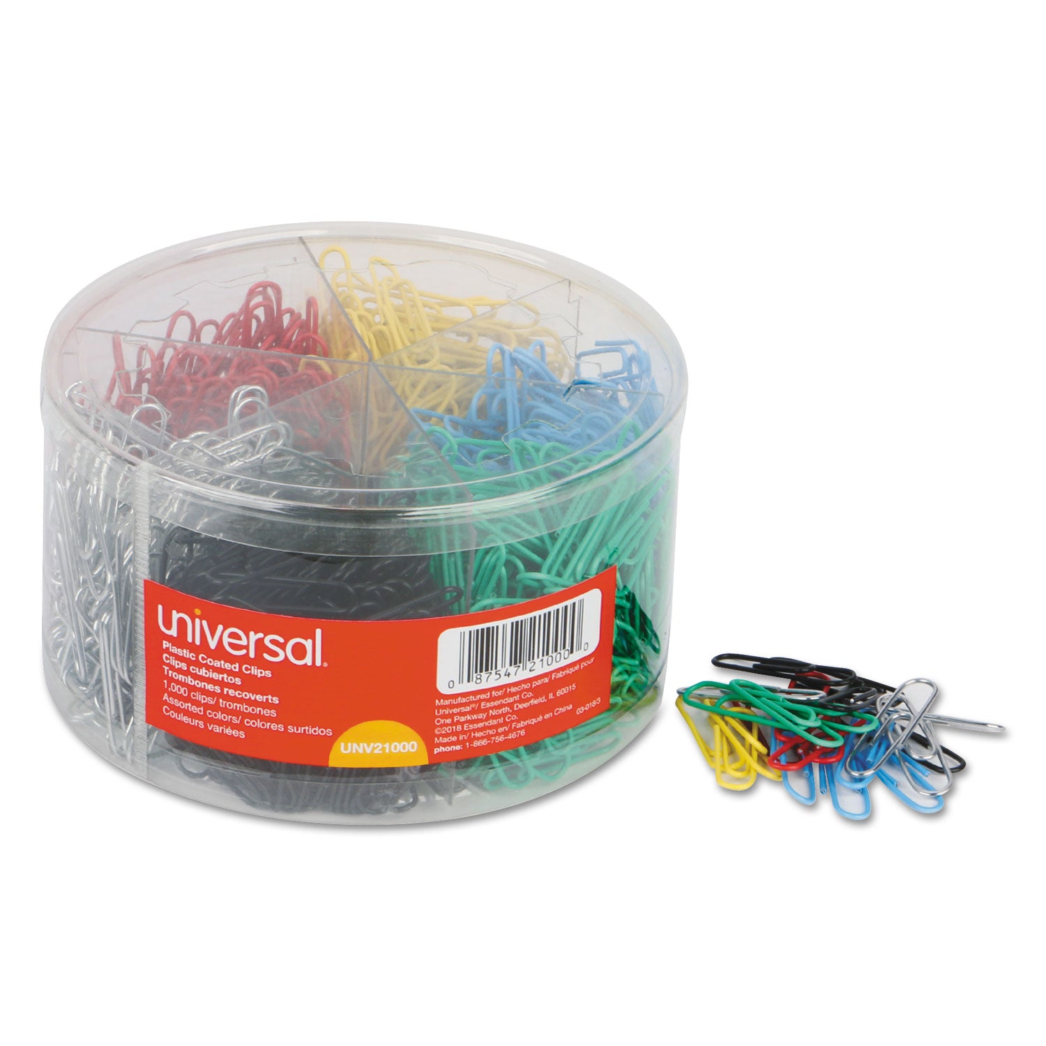 plastic-coated-paper-clips-with-six-compartment-dispenser-tub-#3-assorted-colors-1000-pack_unv21000 - 1