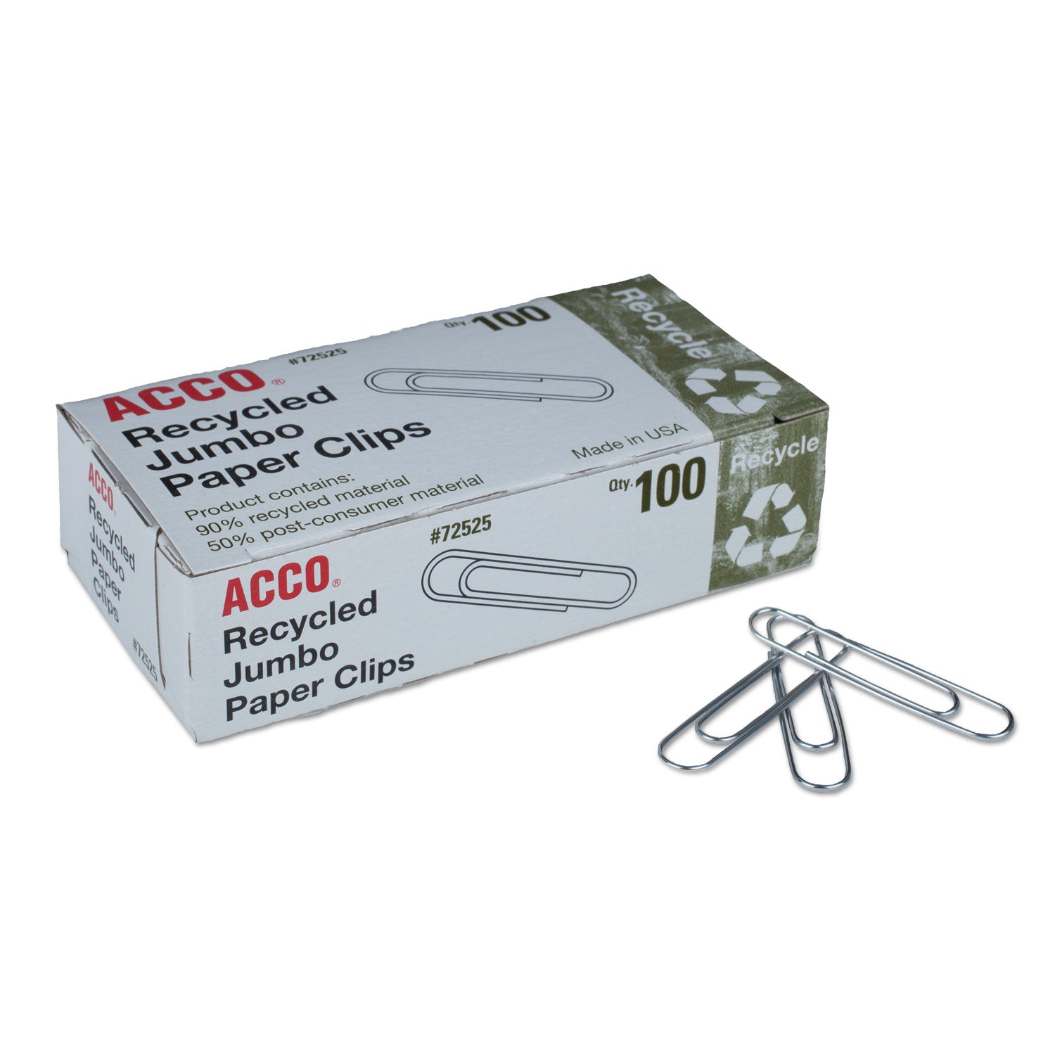 Recycled Paper Clips, Jumbo, Smooth, Silver, 100 Clips/Box, 10 Boxes/Pack - 