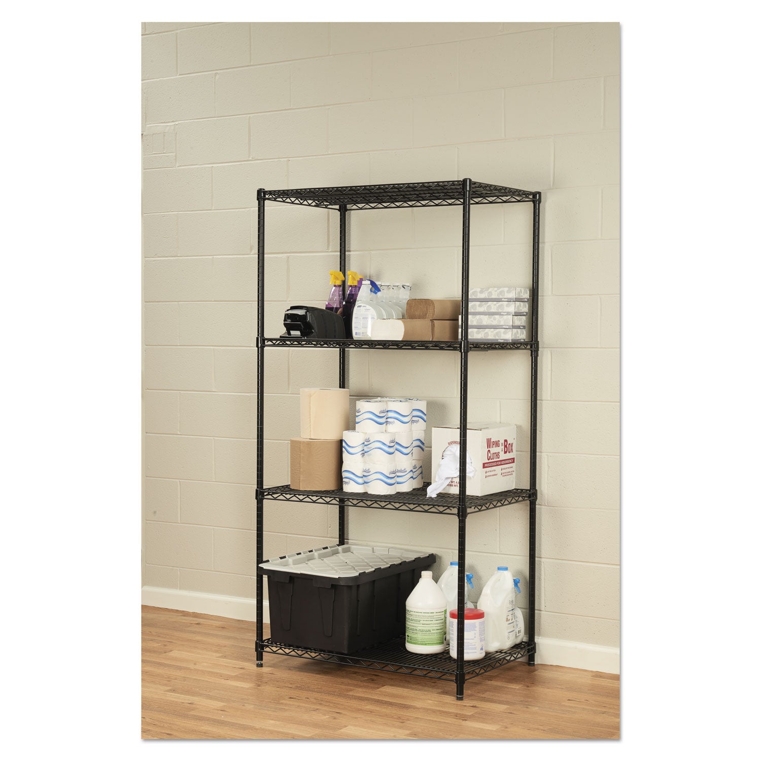 NSF Certified Industrial Four-Shelf Wire Shelving Kit, 36w x 24d x 72h, Black - 