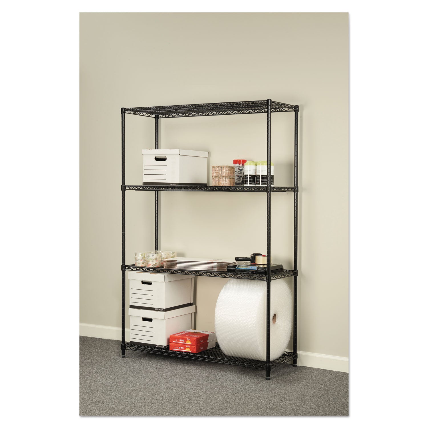 NSF Certified Industrial Four-Shelf Wire Shelving Kit, 48w x 18d x 72h, Black - 