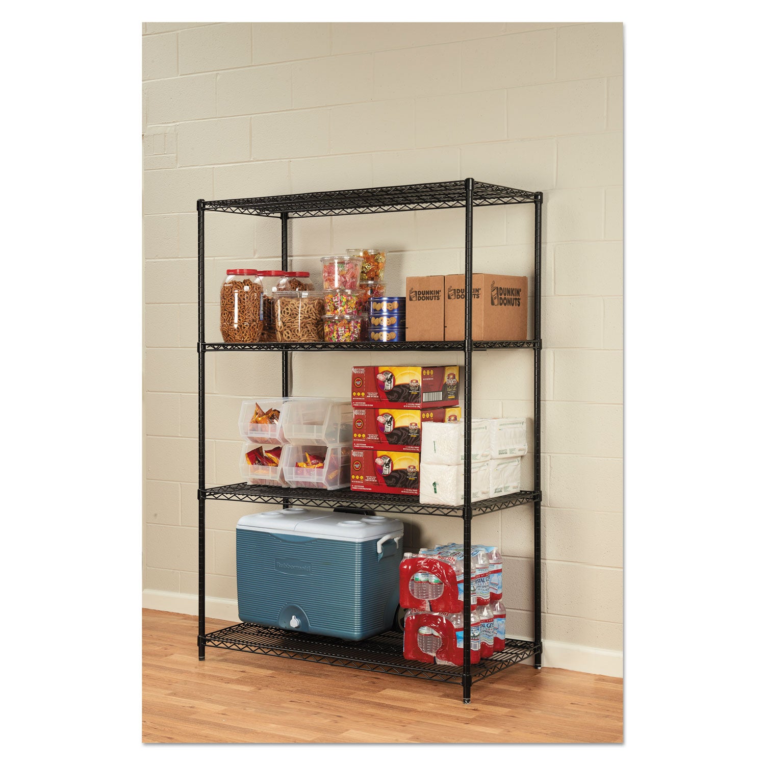 NSF Certified Industrial Four-Shelf Wire Shelving Kit, 48w x 24d x 72h, Black - 