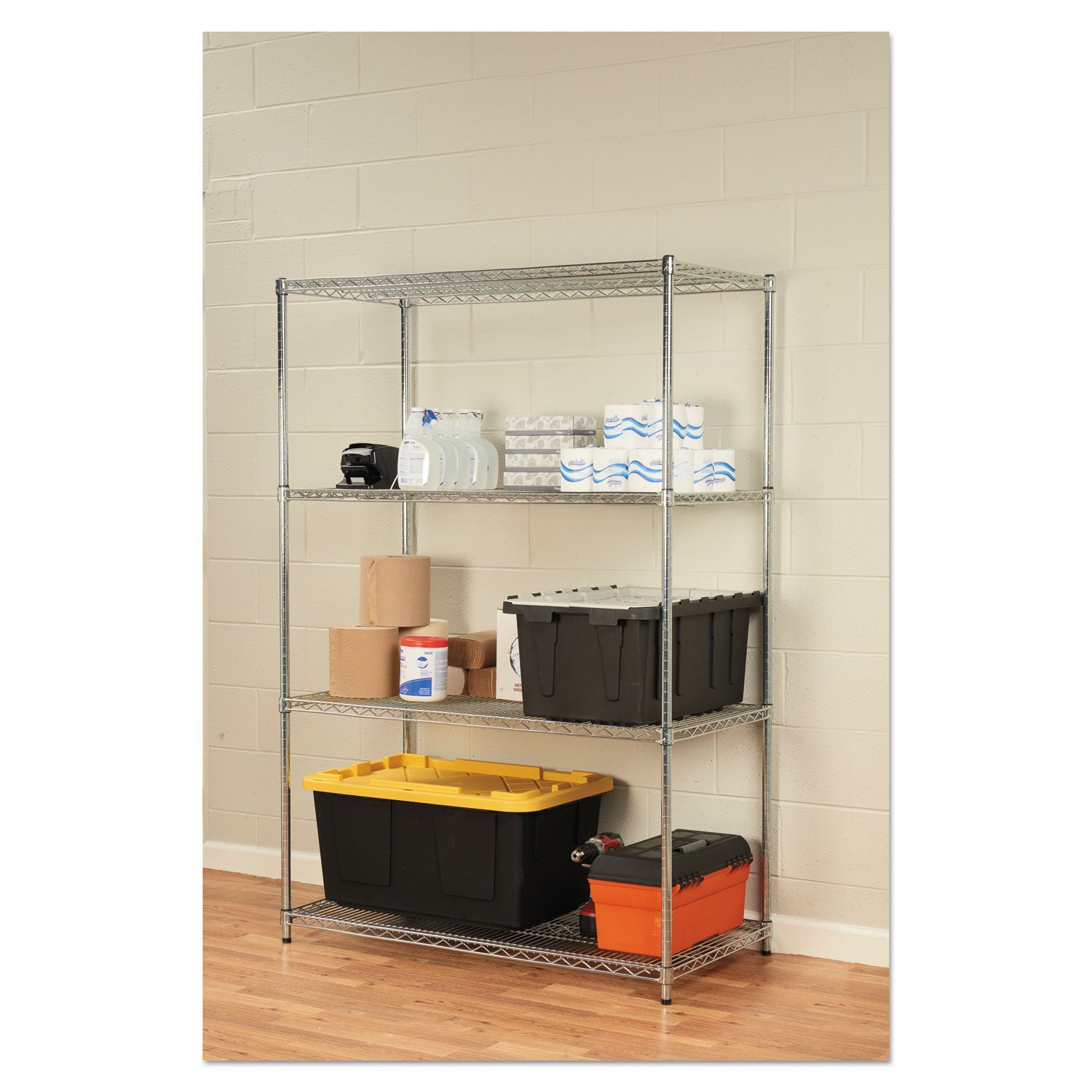 NSF Certified Industrial Four-Shelf Wire Shelving Kit, 48w x 24d x 72h, Silver - 