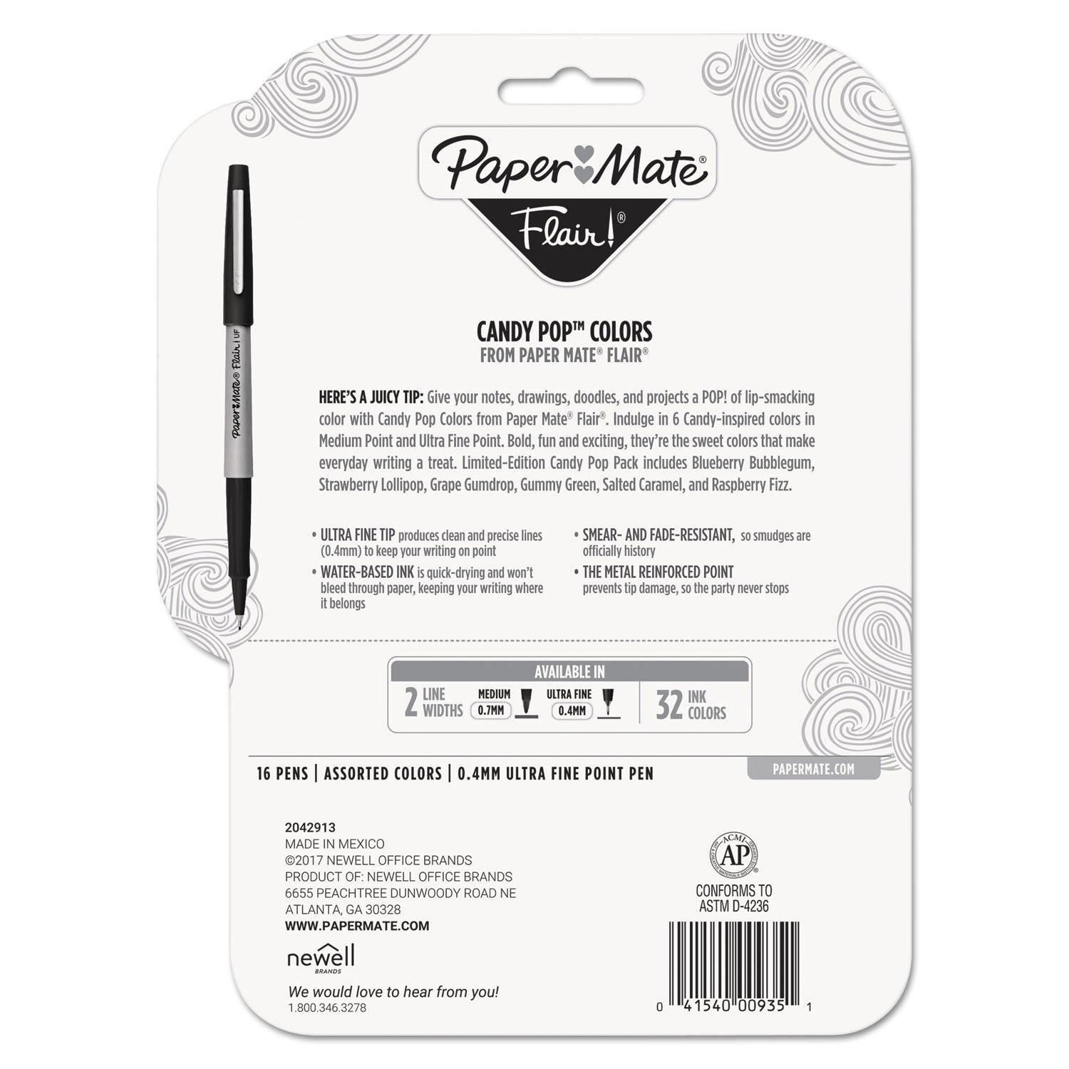 Flair Felt Tip Porous Point Pen, Stick, Extra-Fine 0.4 mm, Assorted Ink Colors, Gray Barrel, 16/Pack