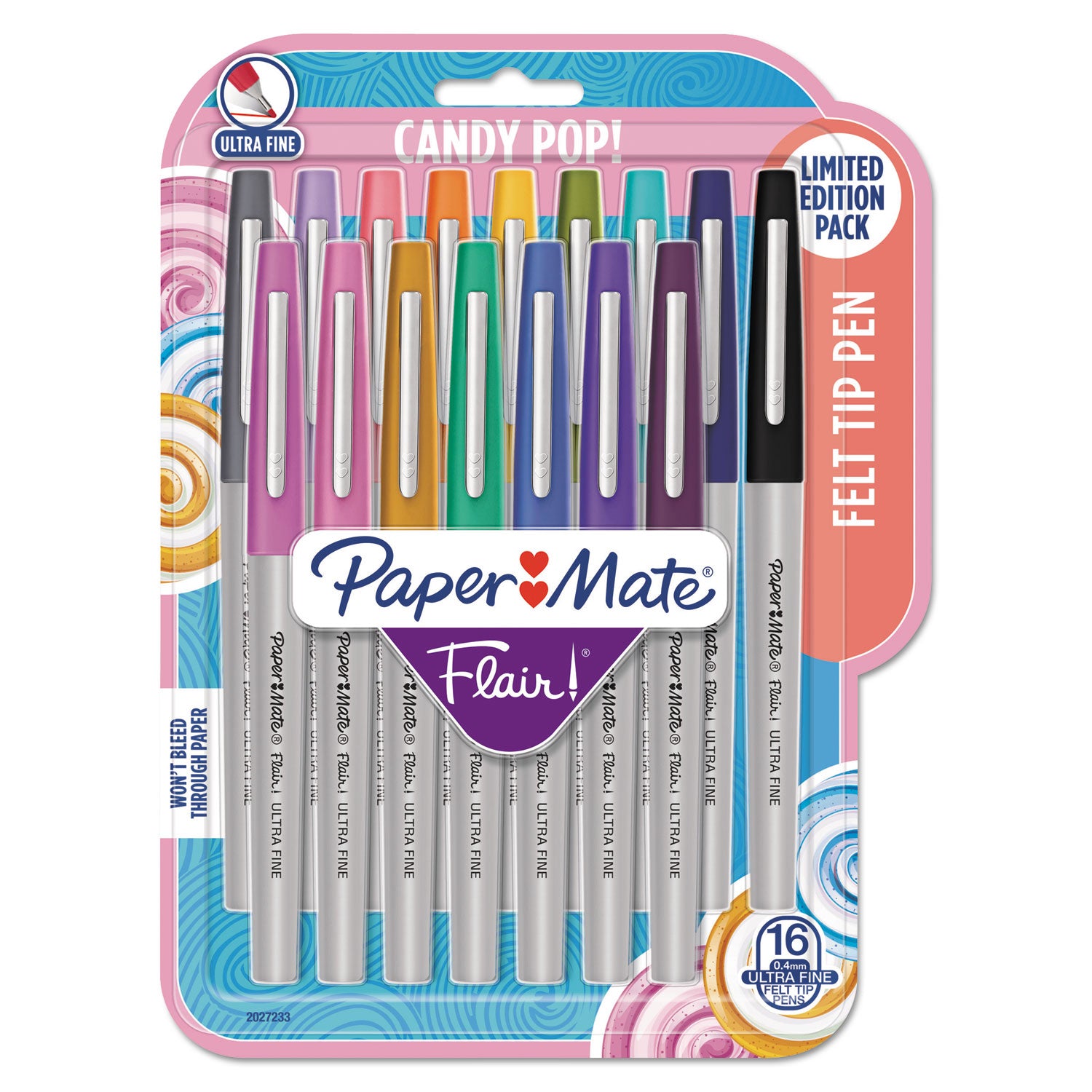 flair-felt-tip-porous-point-pen-stick-extra-fine-04-mm-assorted-ink-colors-gray-barrel-16-pack_pap2027233 - 1