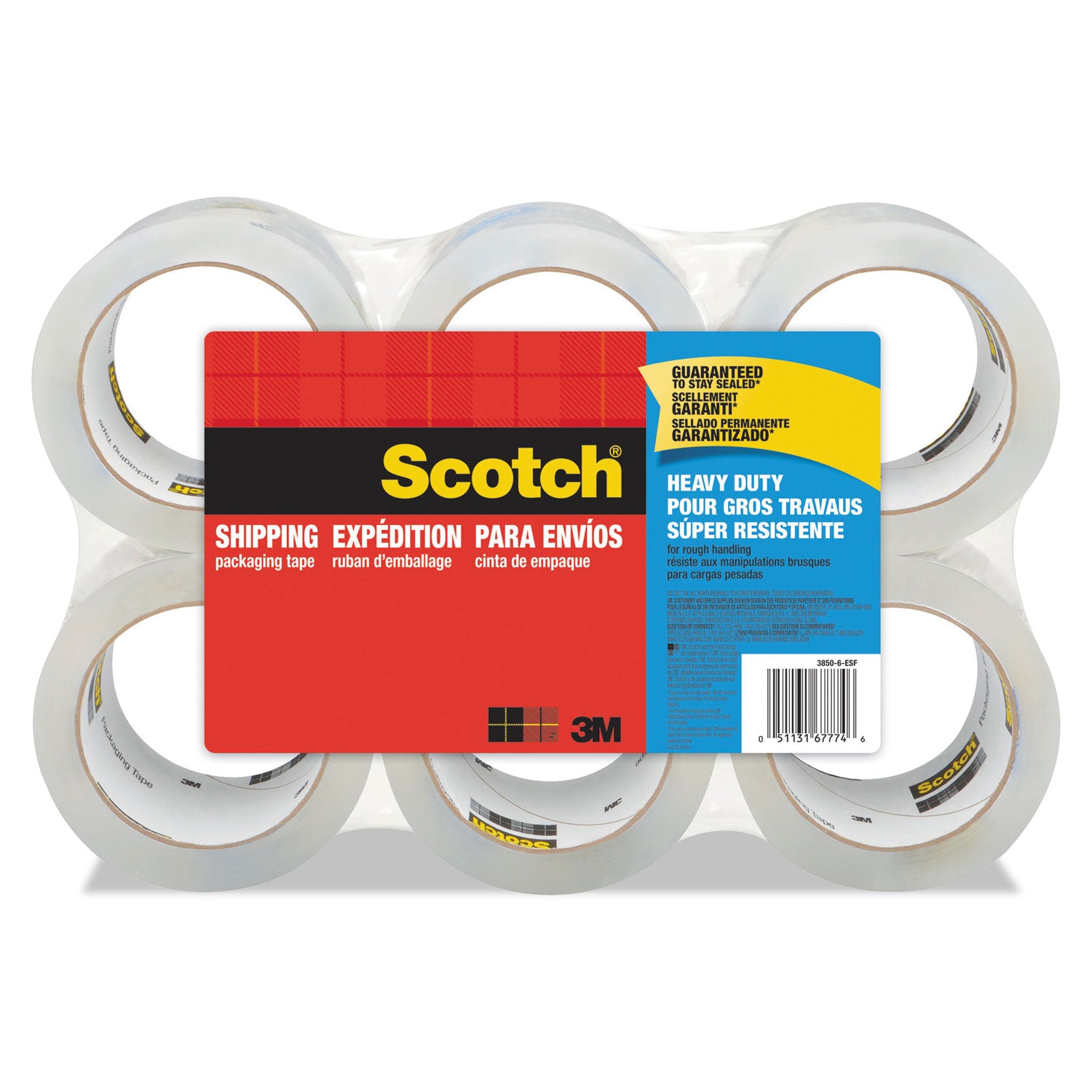 3850 Heavy-Duty Packaging Tape, 3" Core, 1.88" x 54.6 yds, Clear, 6/Pack