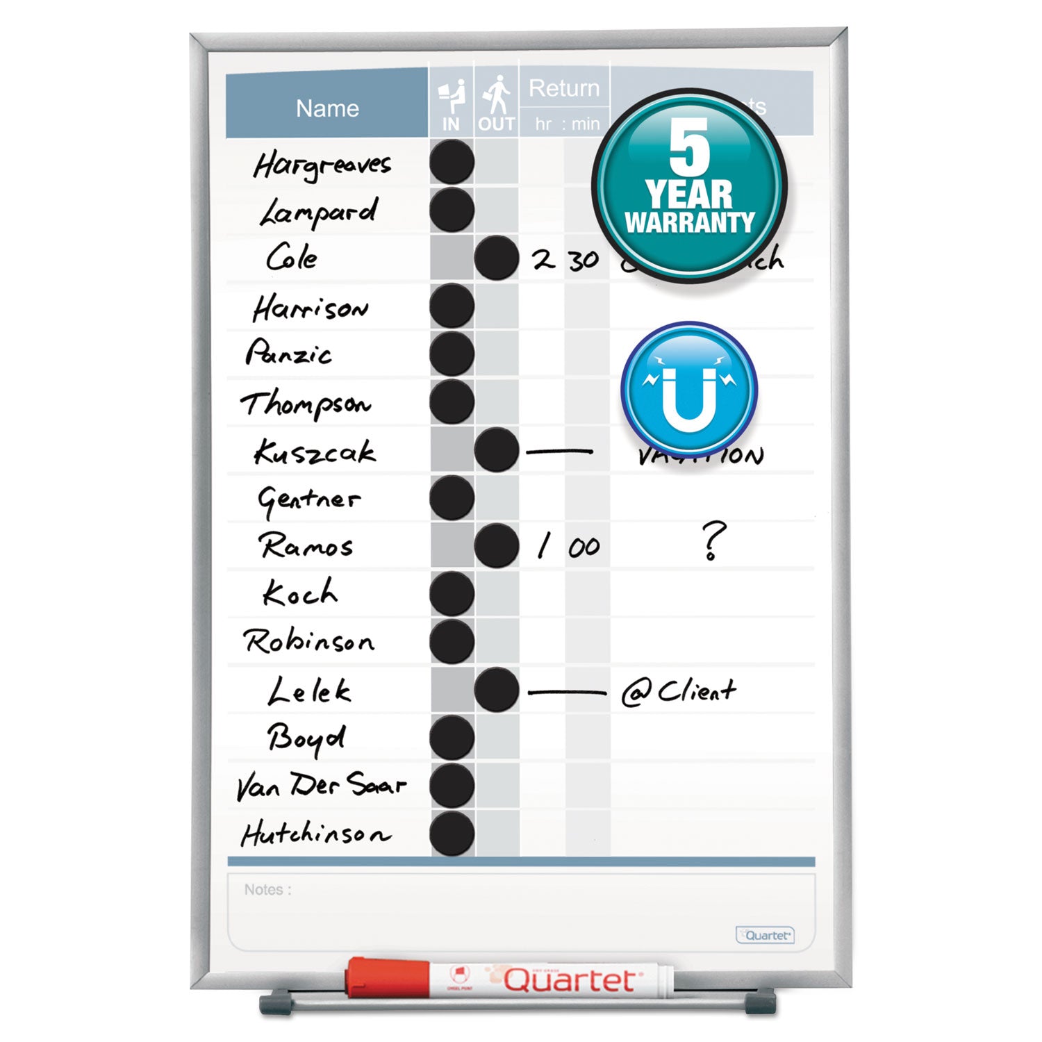 Quartet Matrix 15-employee In/Out Board - 16" Height x 11" Width - White Natural Cork Surface - Magnetic, Durable - Silver Frame - 1 Each - 1