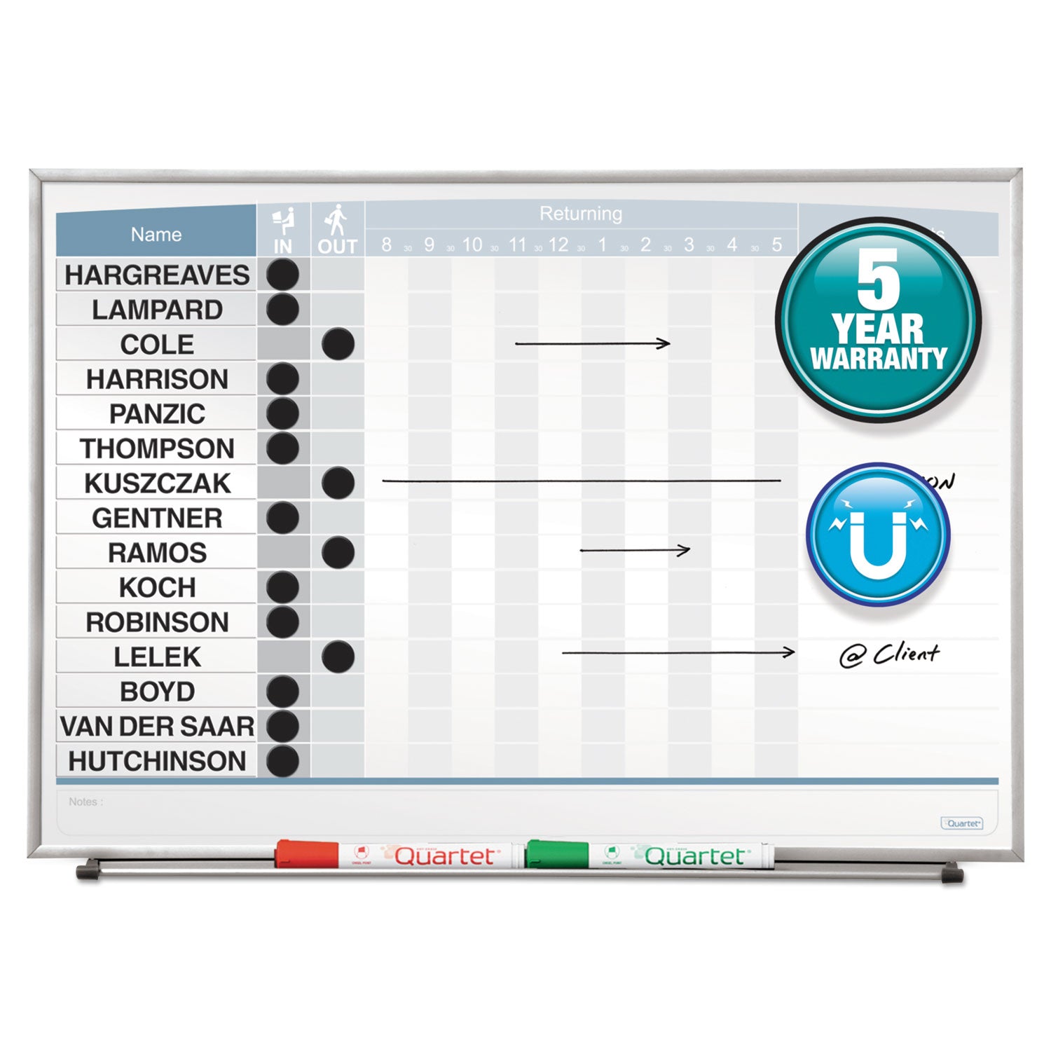 Quartet Matrix 15-employee In/Out Board - 16" Height x 23" Width - White Natural Cork Surface - Magnetic, Durable - Silver Frame - 1 Each - 1