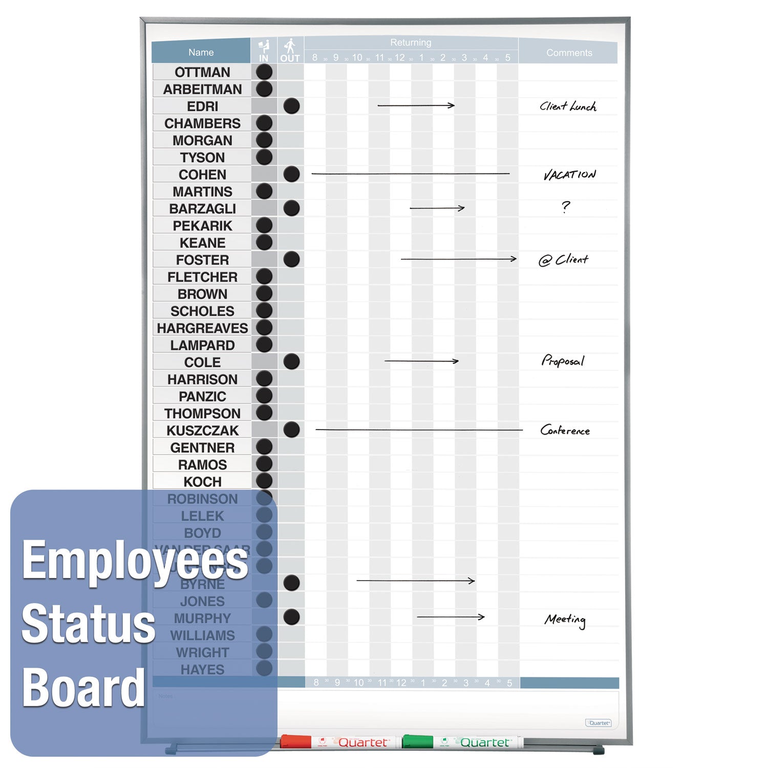 Matrix Employee In/Out Board, Up to 36 Employees, 34 x 23, White Surface, Silver Aluminum Frame - 
