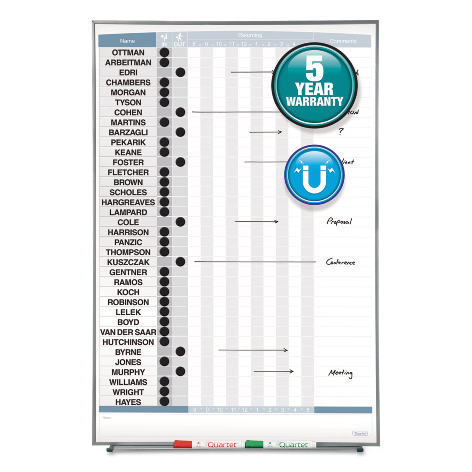 Matrix Employee In/Out Board, Up to 36 Employees, 34 x 23, White Surface, Silver Aluminum Frame - 