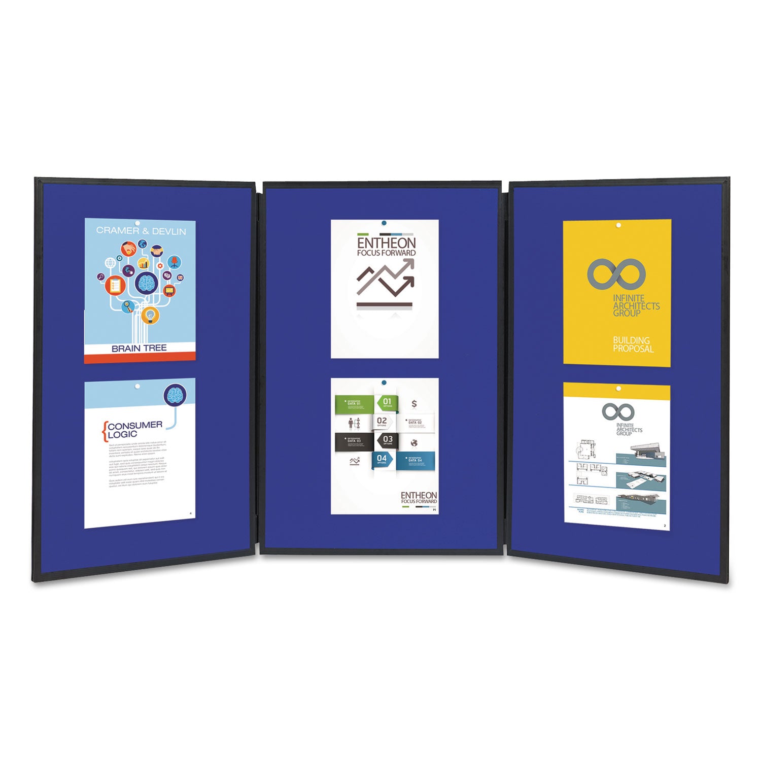 Show-It! Display System, Three-Panel Display, 72 x 36, Blue/Gray Surface, Black PVC Frame - 