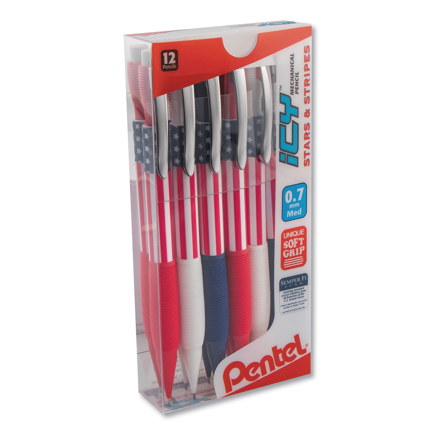 icy-mechanical-pencil-07-mm-hb-#2-black-lead-blue-red-white-barrel-dozen_penal27usapc12m - 1