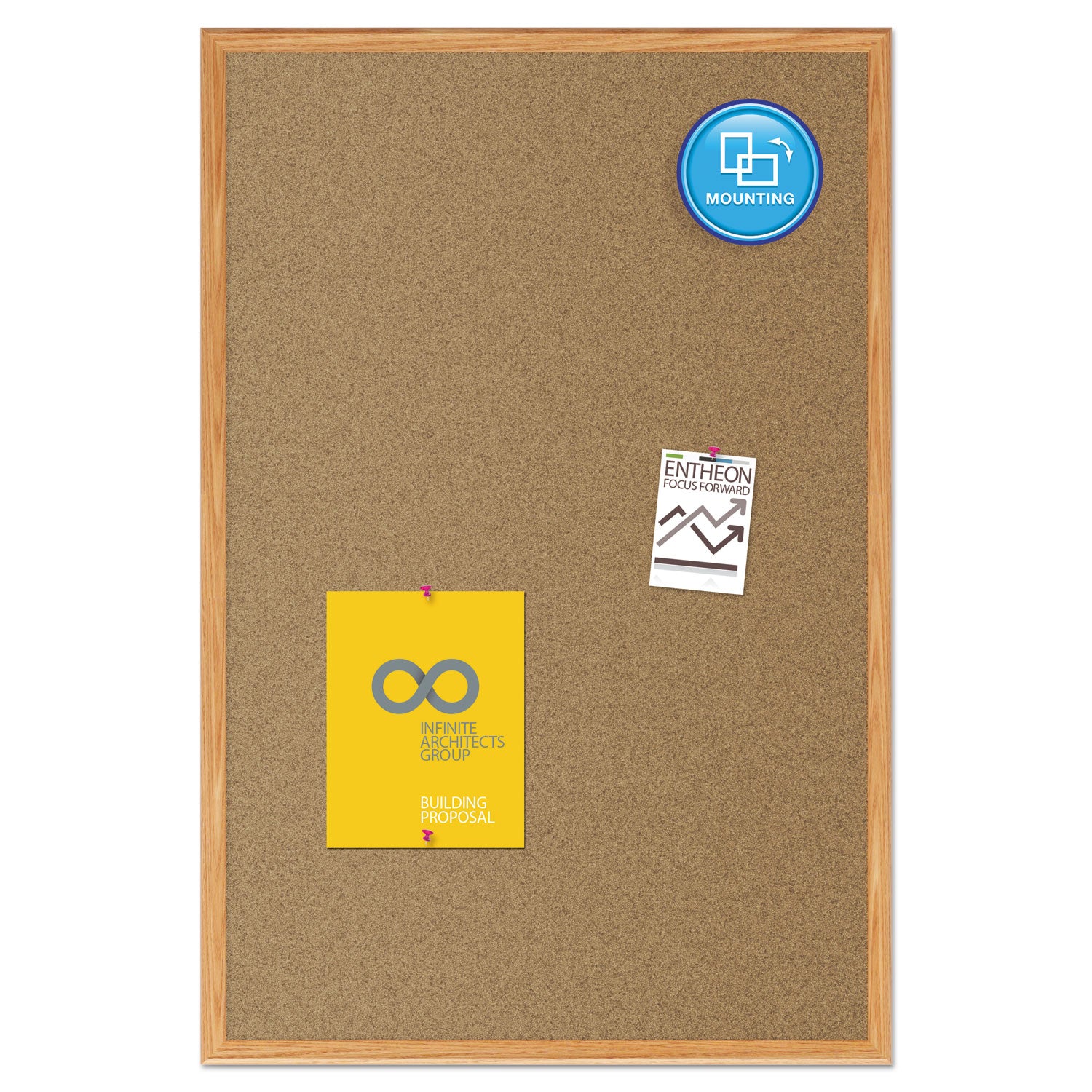 Economy Cork Board with Oak Frame, 48 x 36, Tan Surface, Oak Fiberboard Frame - 