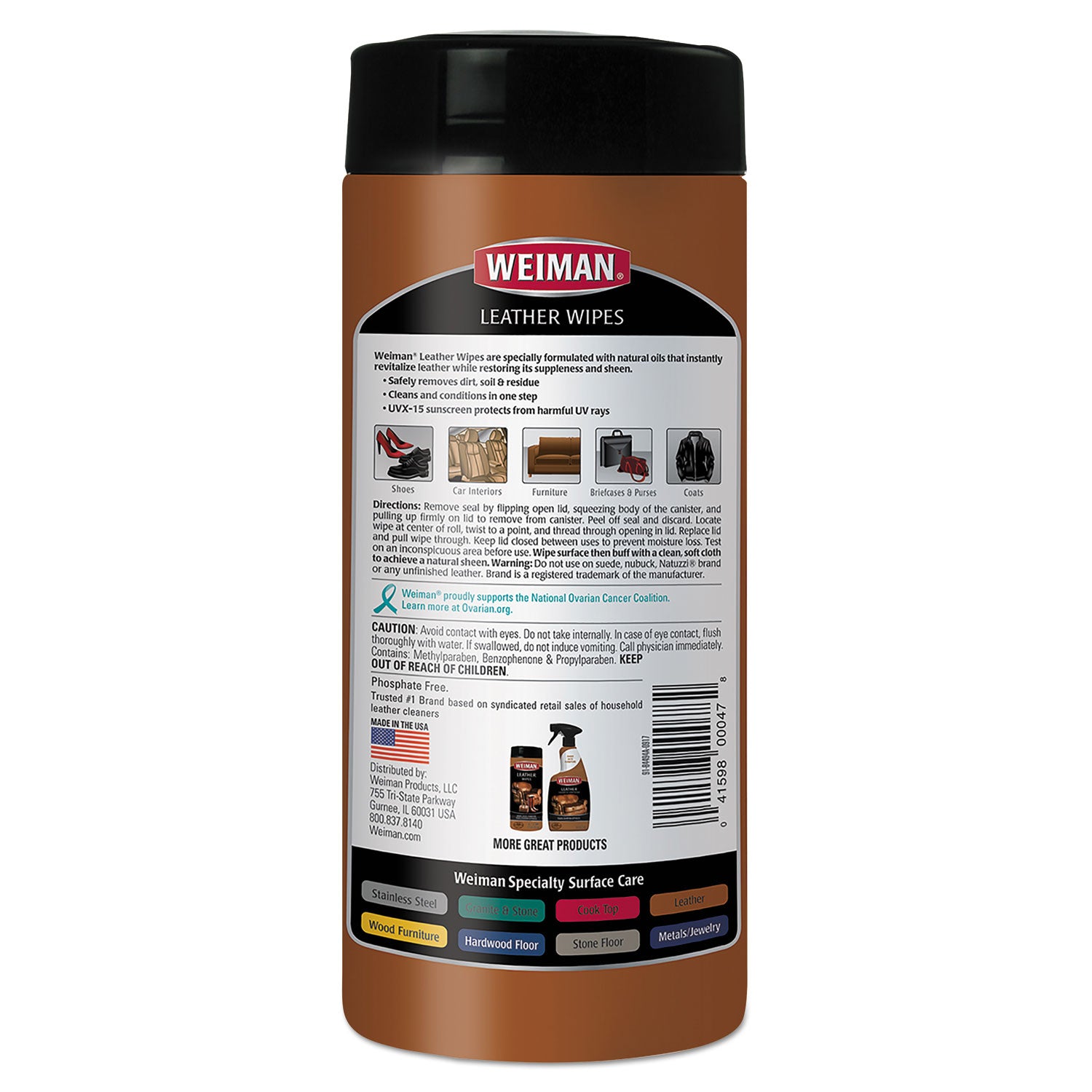 Leather Wipes, 1-Ply, 7 x 8, White, 30/Canister
