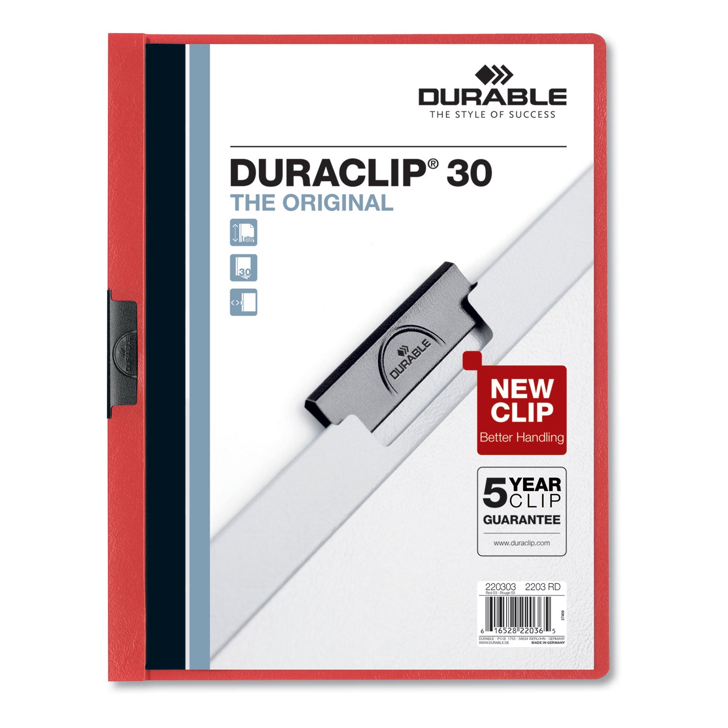 DuraClip Report Cover, Clip Fastener, 8.5 x 11 , Clear/Red, 25/Box - 