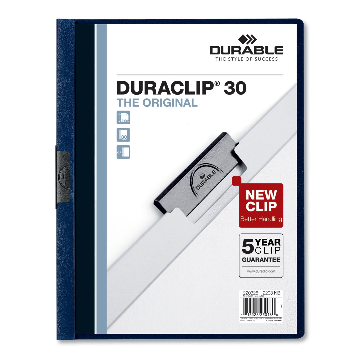 DuraClip Report Cover, Clip Fastener, 8.5 x 11, Clear/Navy, 25/Box - 