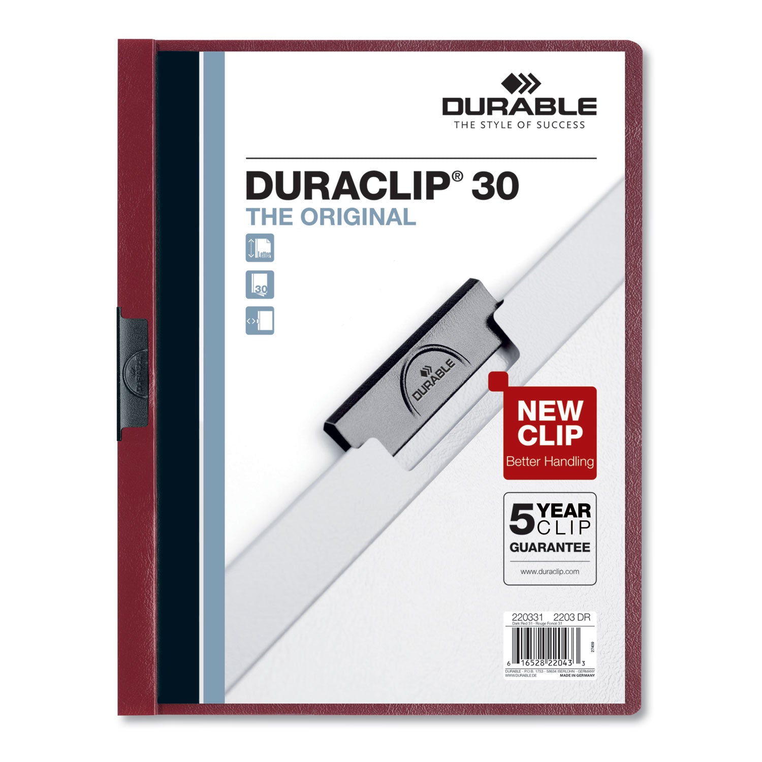 DuraClip Report Cover, Clip Fastener, 8.5 x 11, Clear/Maroon, 25/Box - 