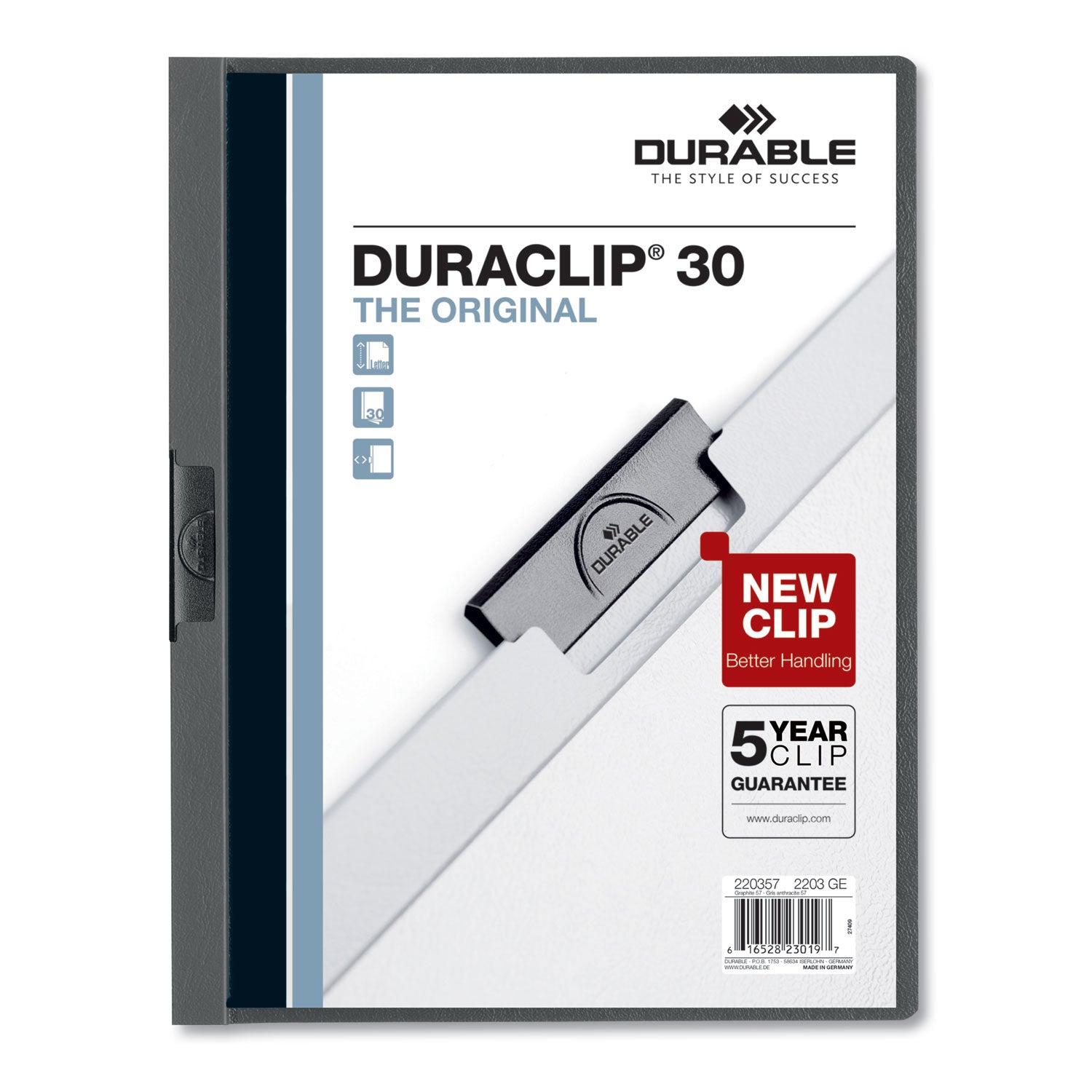 DuraClip Report Cover, Clip Fastener, 8.5 x 11, Clear/Graphite, 25/Box - 