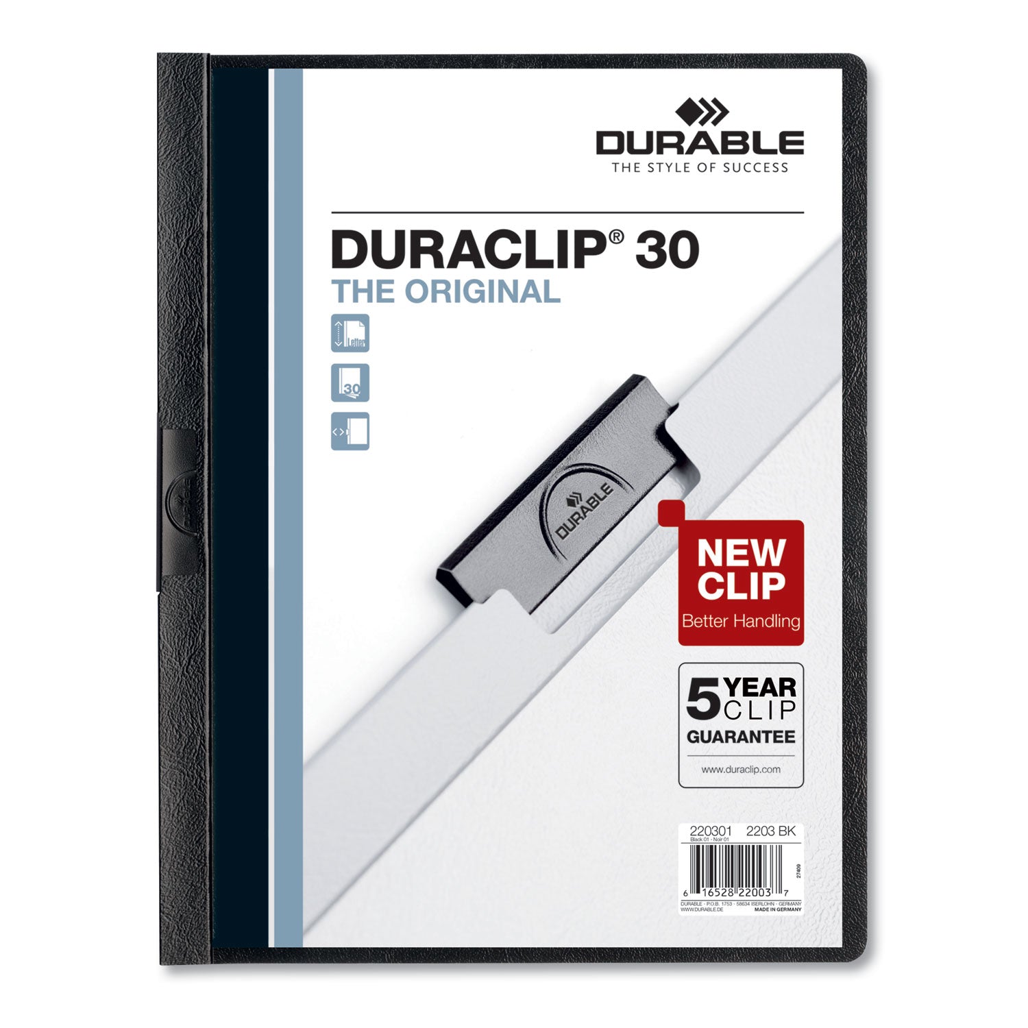 DuraClip Report Cover, Clip Fastener, 8.5 x 11, Clear/Black, 25/Box - 