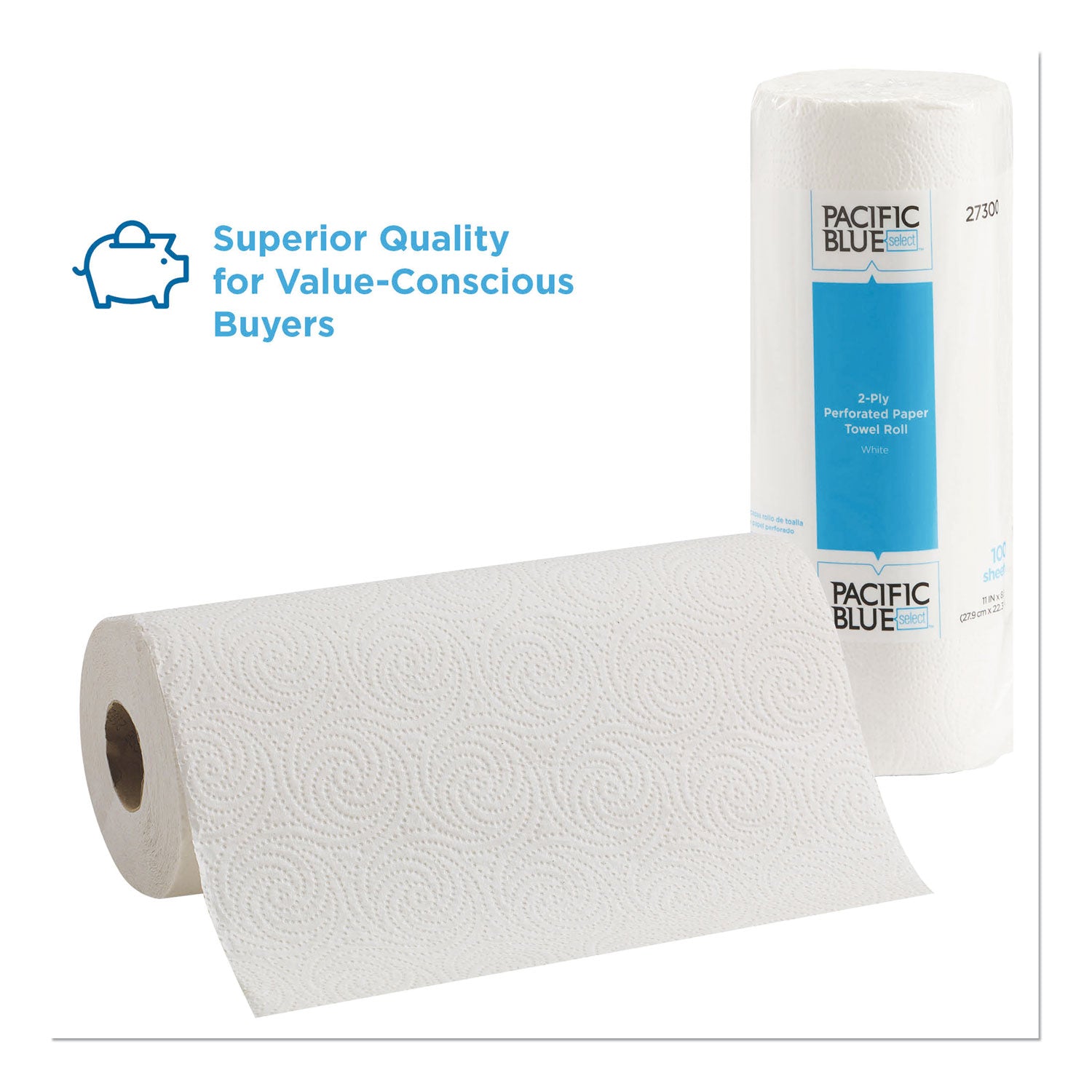 Pacific Blue Select Two-Ply Perforated Paper Kitchen Roll Towels, 2-Ply, 11 x 8.8, White, 100/Roll, 30 Rolls/Carton - 