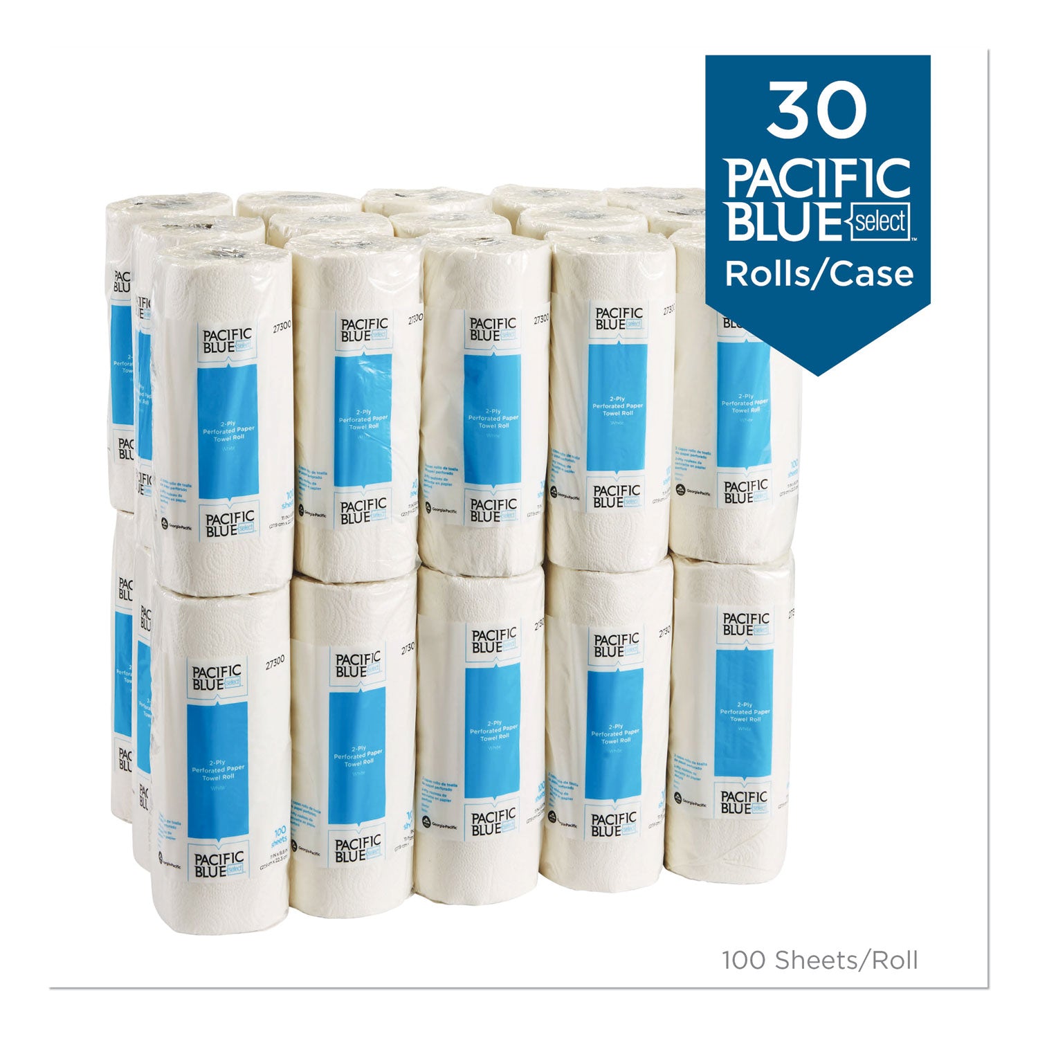 Pacific Blue Select Two-Ply Perforated Paper Kitchen Roll Towels, 2-Ply, 11 x 8.8, White, 100/Roll, 30 Rolls/Carton