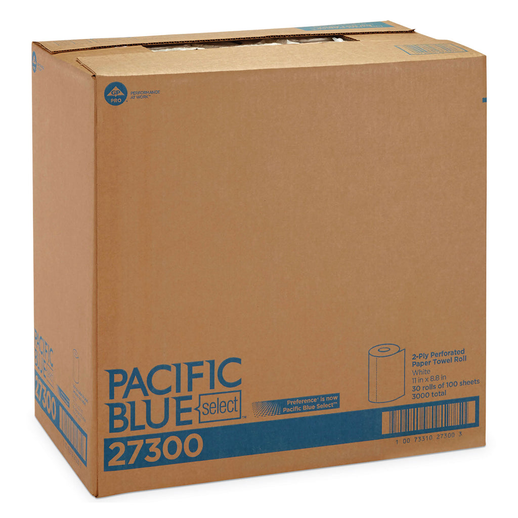 Pacific Blue Select Two-Ply Perforated Paper Kitchen Roll Towels, 2-Ply, 11 x 8.8, White, 100/Roll, 30 Rolls/Carton