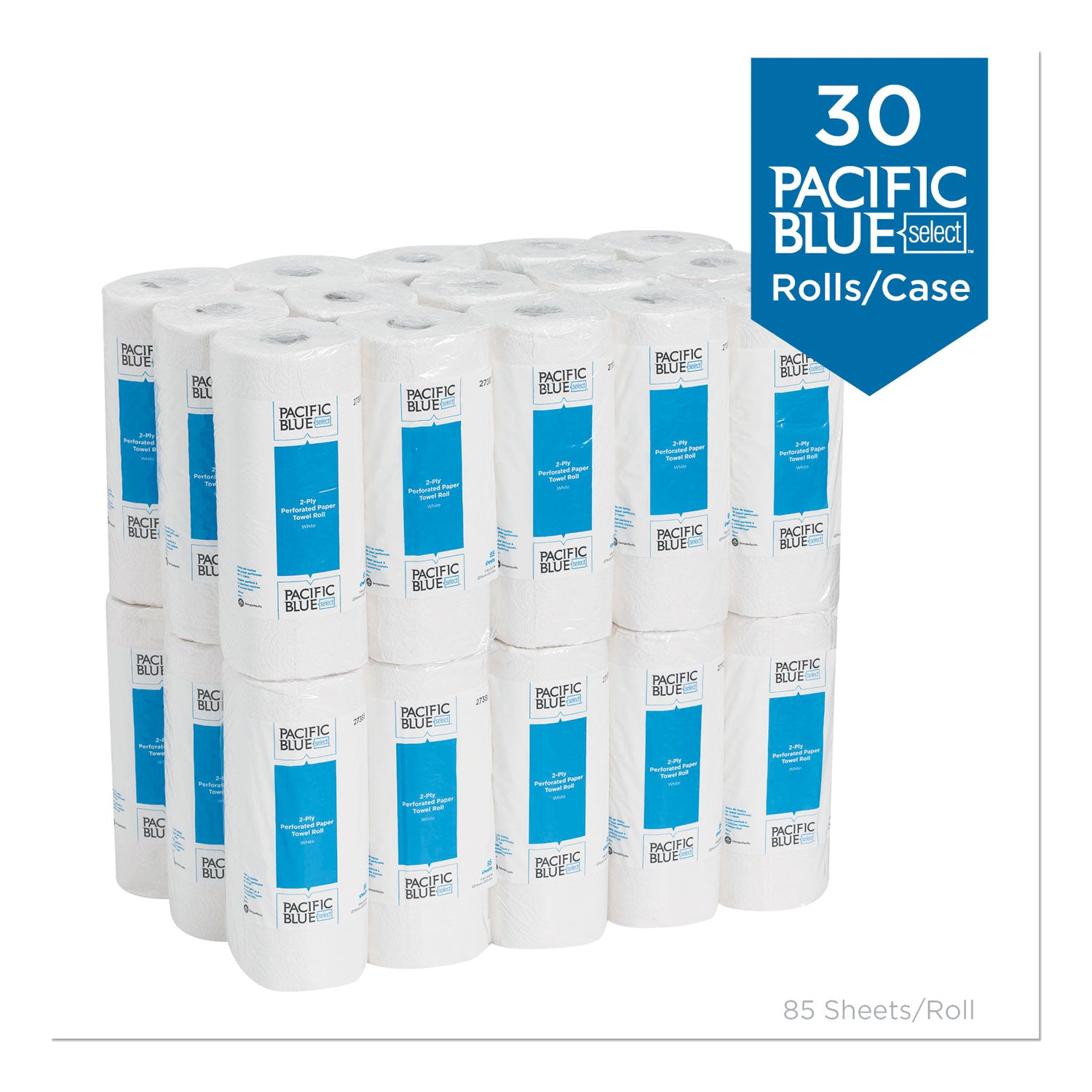 Pacific Blue Select Two-Ply Perforated Paper Kitchen Roll Towels, 2-Ply, 11 x 8.8, White, 85/Roll, 30 Rolls/Carton
