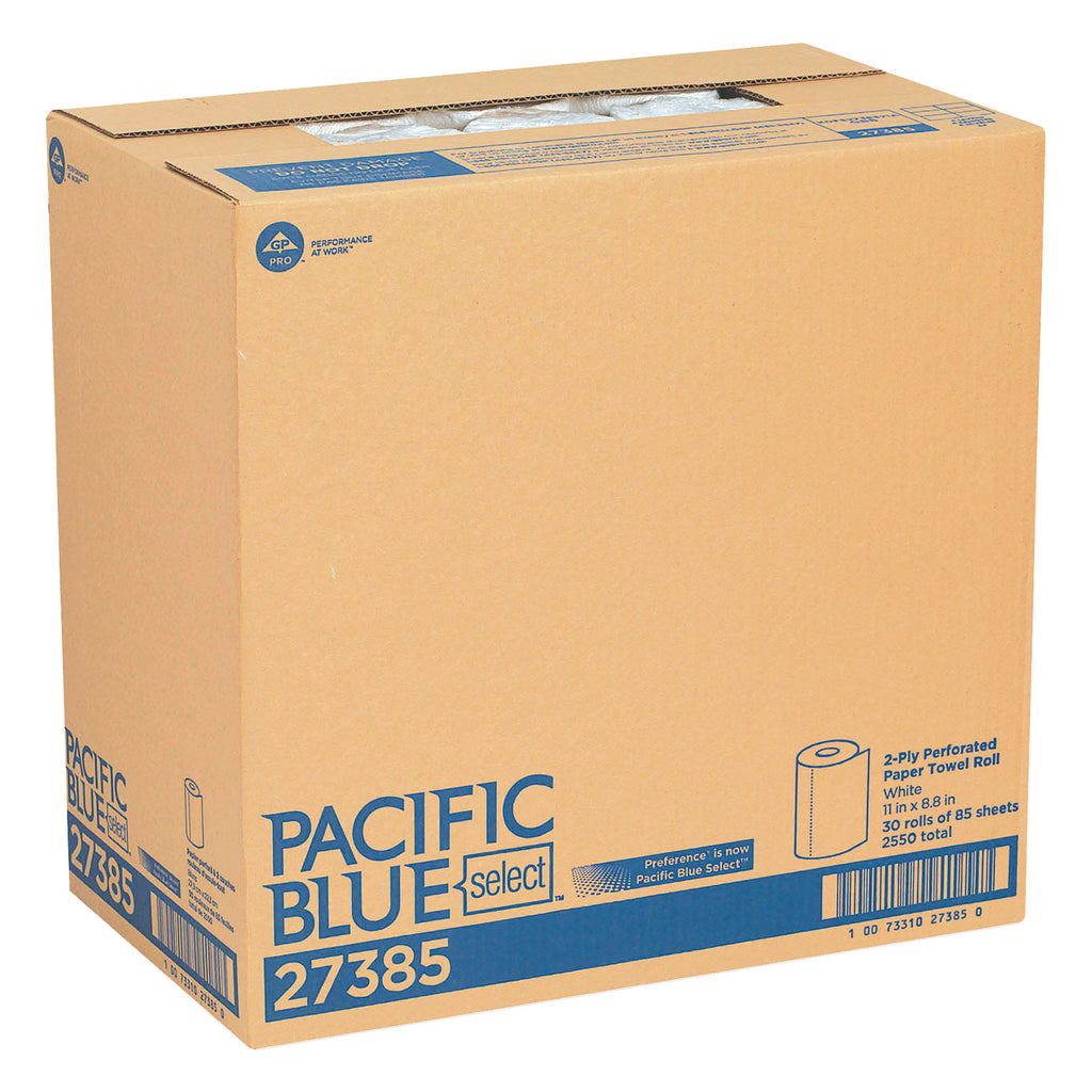 Pacific Blue Select Two-Ply Perforated Paper Kitchen Roll Towels, 2-Ply, 11 x 8.8, White, 85/Roll, 30 Rolls/Carton