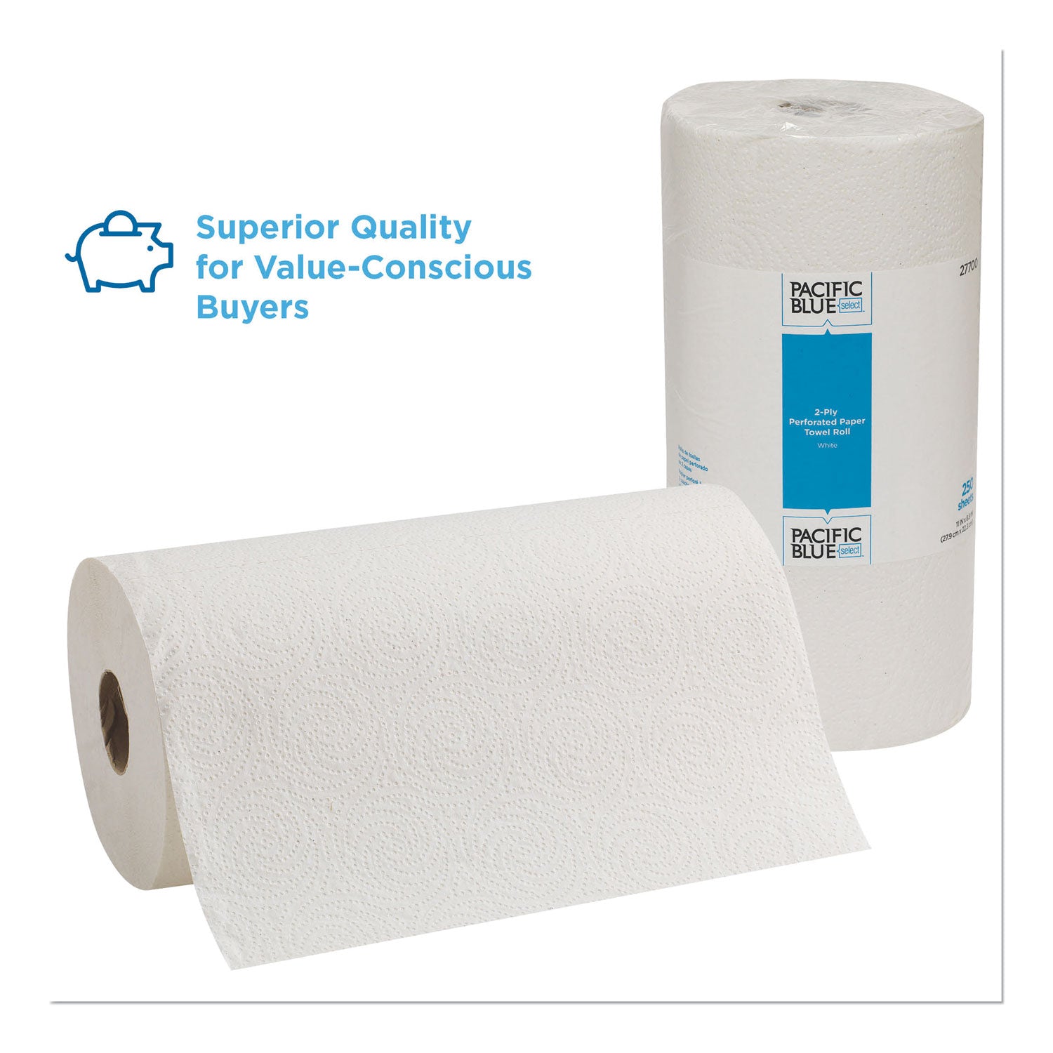 Pacific Blue Select Two-Ply Perforated Paper Kitchen Roll Towels, 2-Ply, 11 x 8.8, White, 250/Roll, 12 Rolls/Carton - 