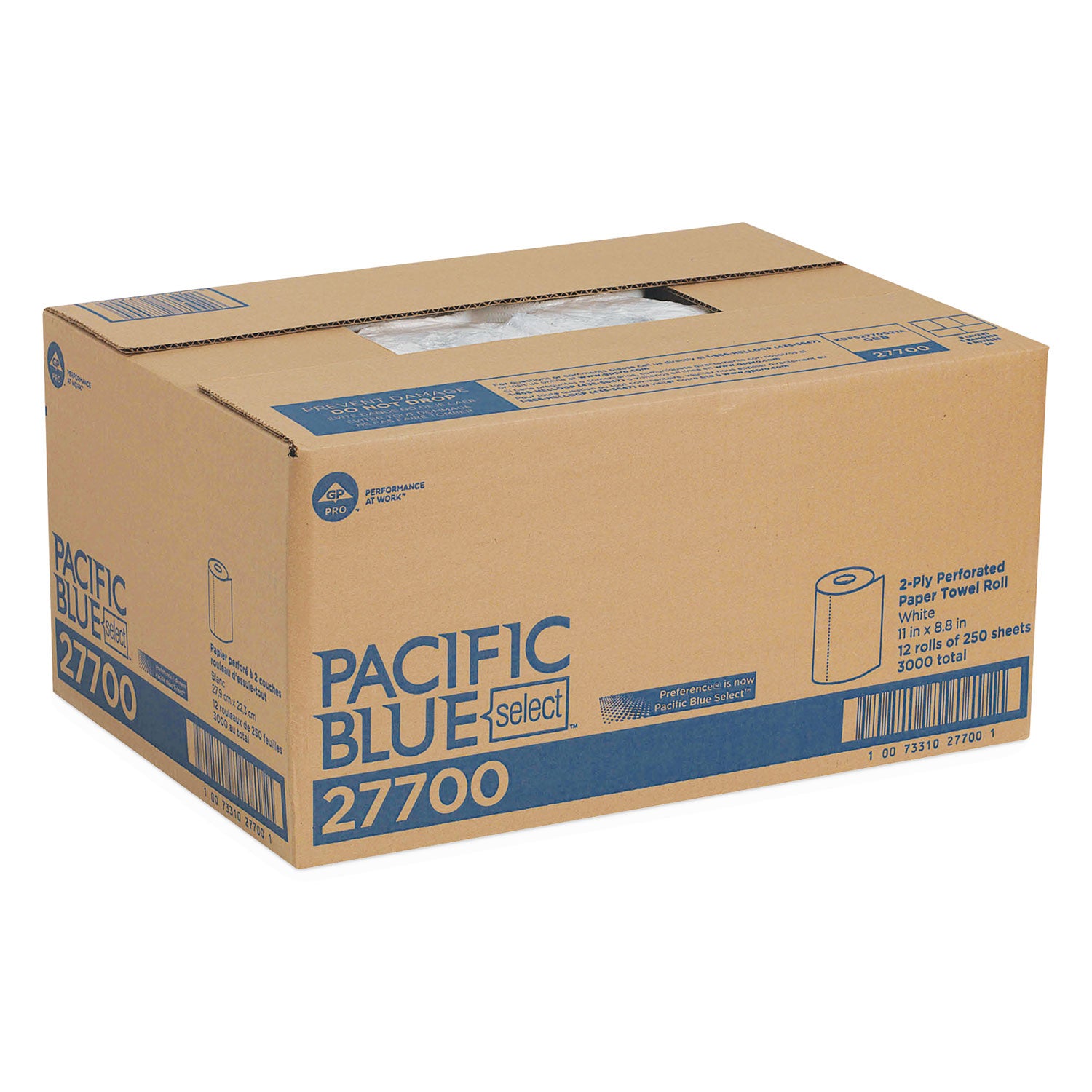 Pacific Blue Select Two-Ply Perforated Paper Kitchen Roll Towels, 2-Ply, 11 x 8.8, White, 250/Roll, 12 Rolls/Carton