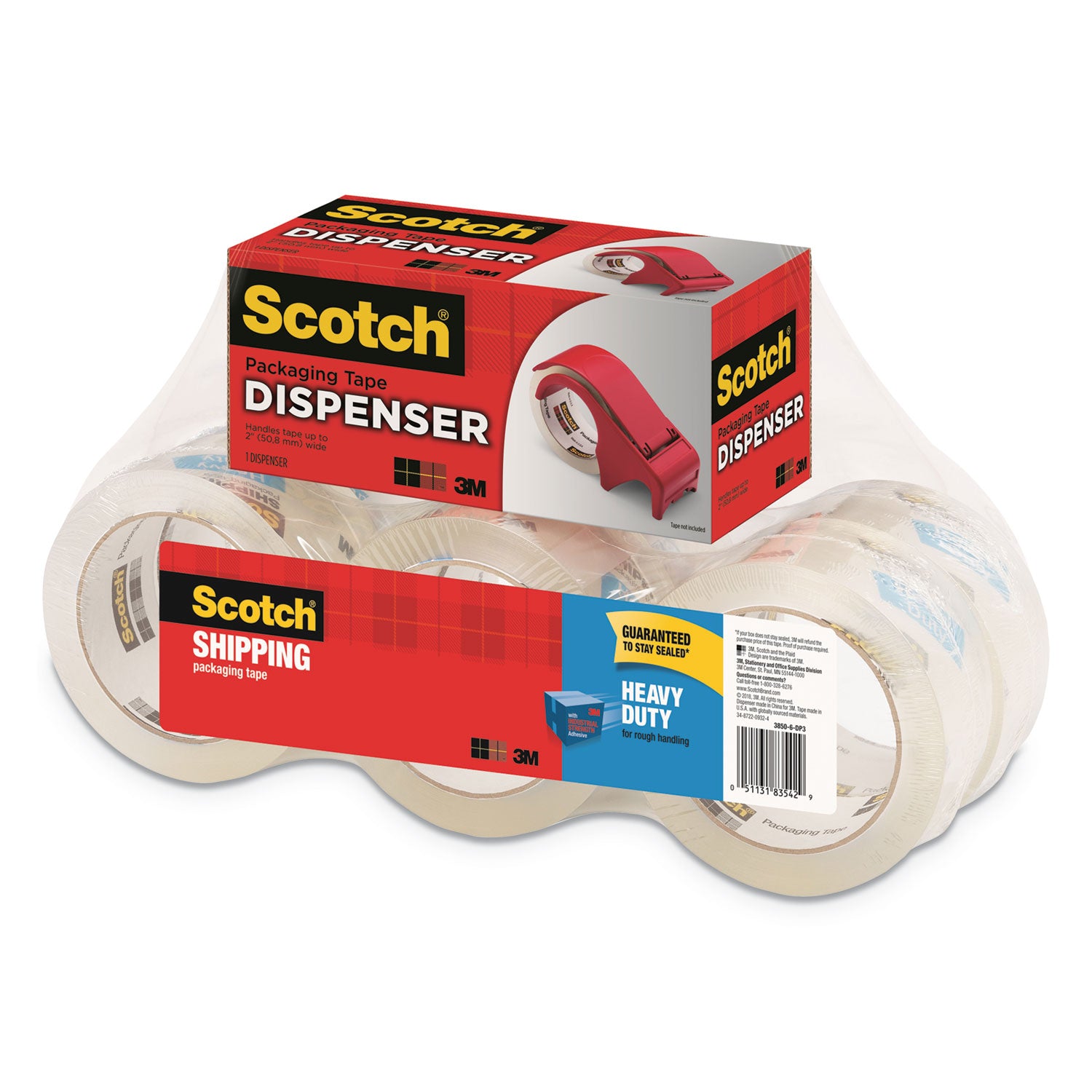 3850 Heavy-Duty Packaging Tape with DP300 Dispenser, 3" Core, 1.88" x 54.6 yds, Clear, 6/Pack - 