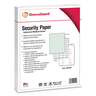 Medical Security Papers, 24 lb Bond Weight, 8.5 x 11, Green, 500/Ream