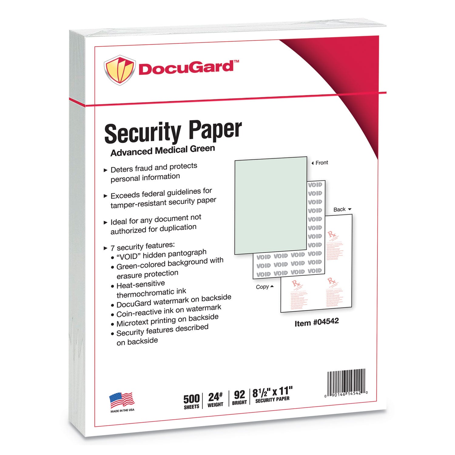 Medical Security Papers, 24 lb Bond Weight, 8.5 x 11, Green, 500/Ream - 