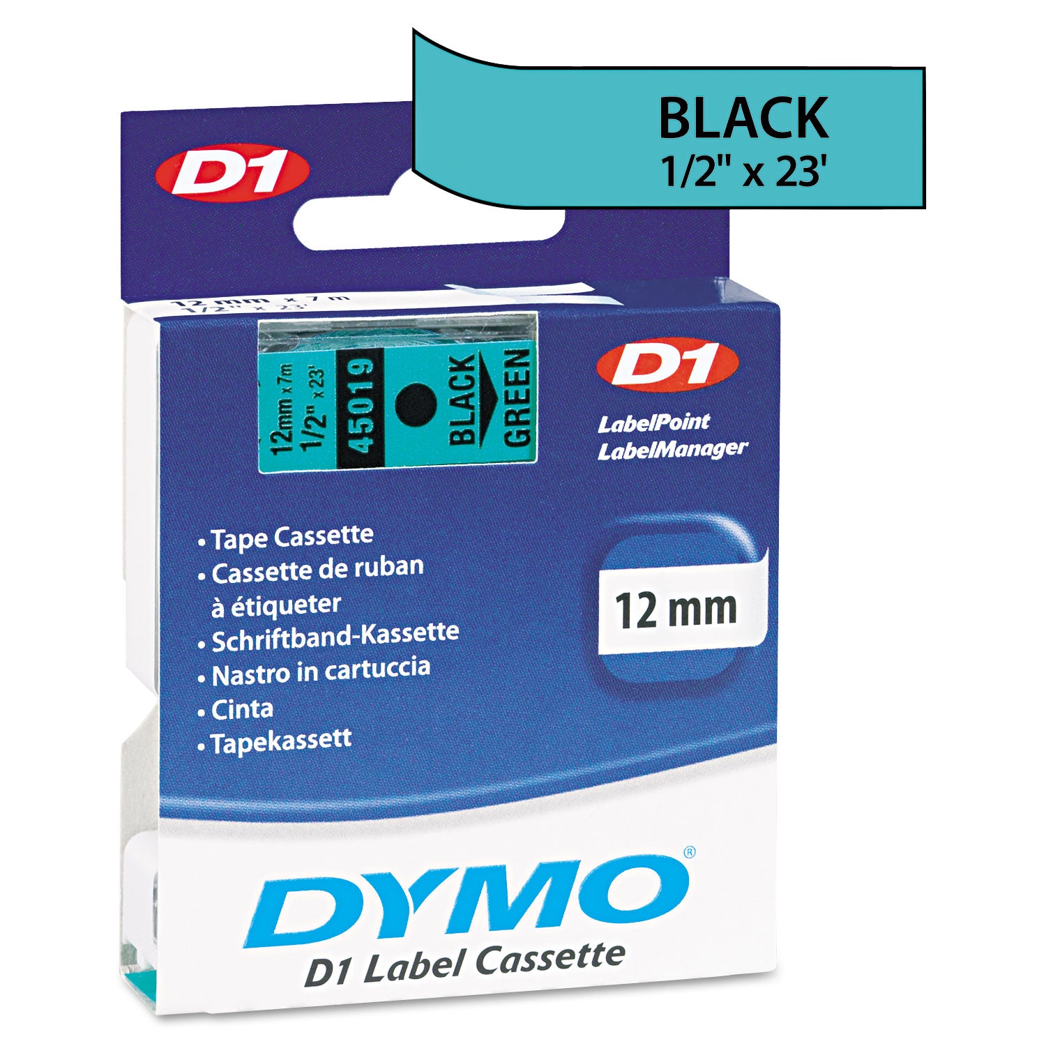 D1 High-Performance Polyester Removable Label Tape, 0.5" x 23 ft, Black on Green