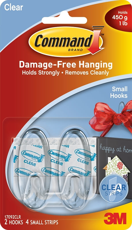 Clear Hooks and Strips, Small, Plastic, 1 lb Capacity, 2 Hooks and 4 Strips/Pack