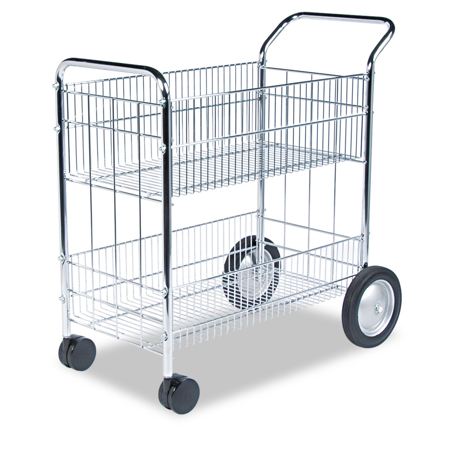 Wire Mail Cart, Metal, 2 Bins, 21.5" x 37.5" x 39.5", Chrome - 