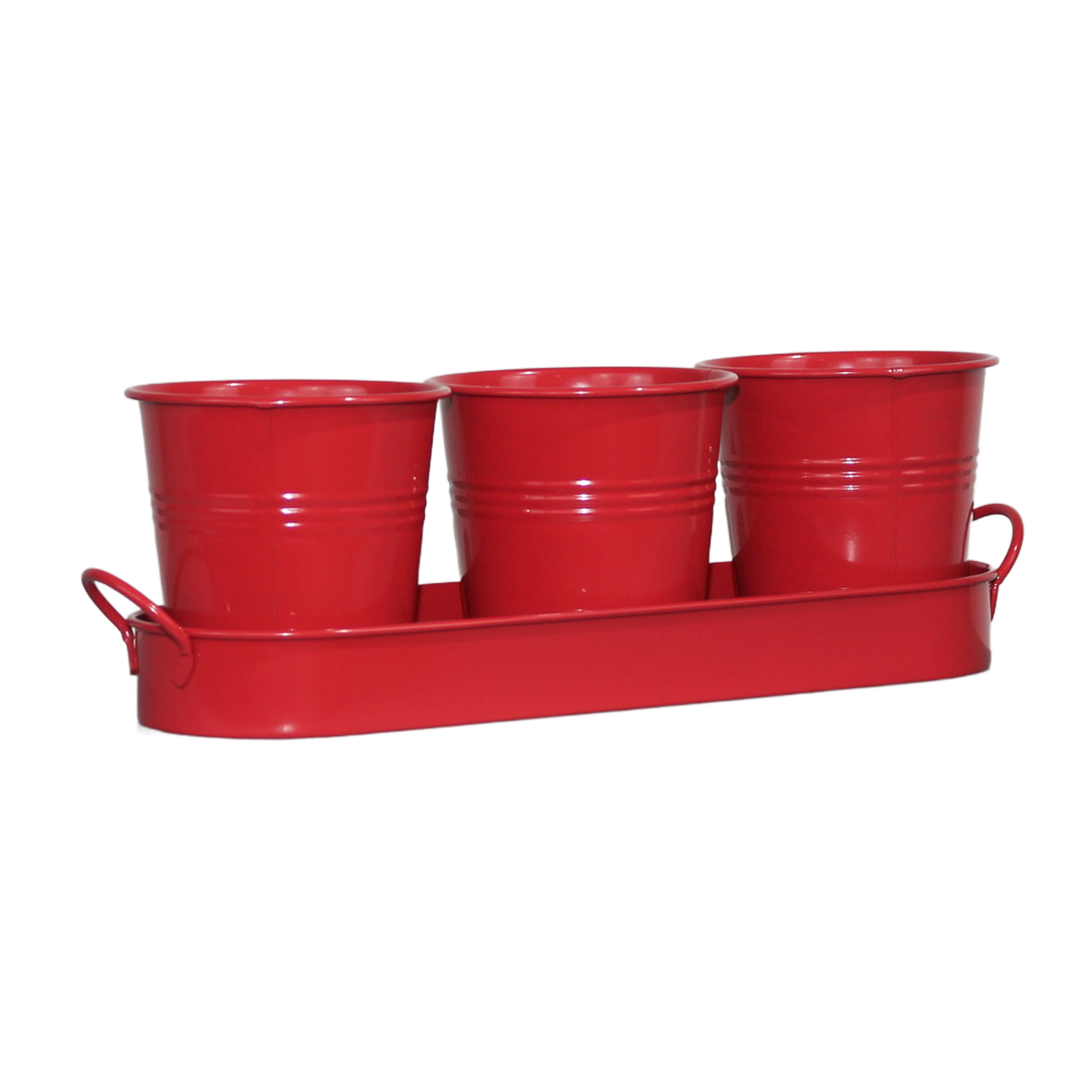 Set of 3 Red Metal Garden Planters with Tray