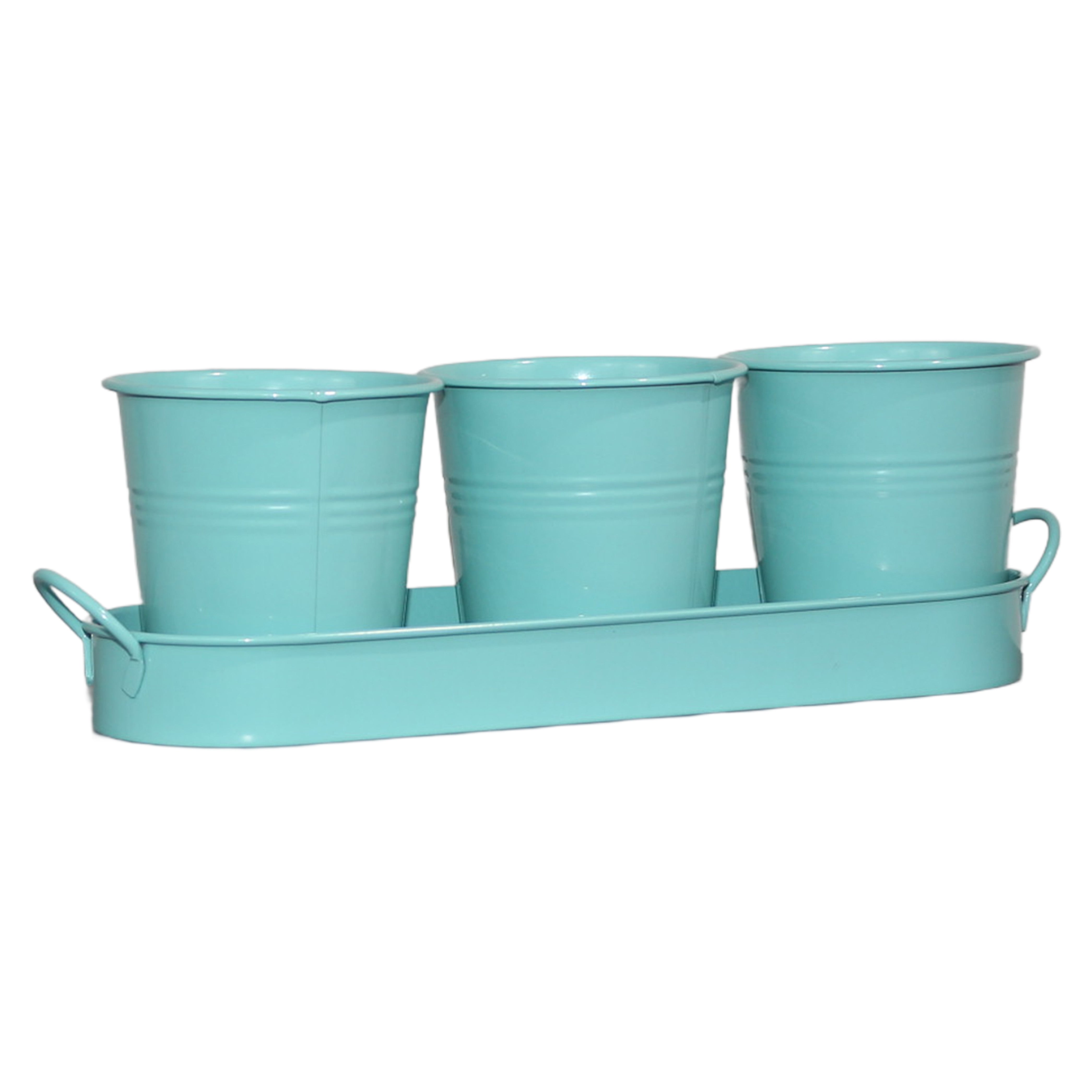 Set of 3 Tiffany Blue Metal Garden Planters with Tray