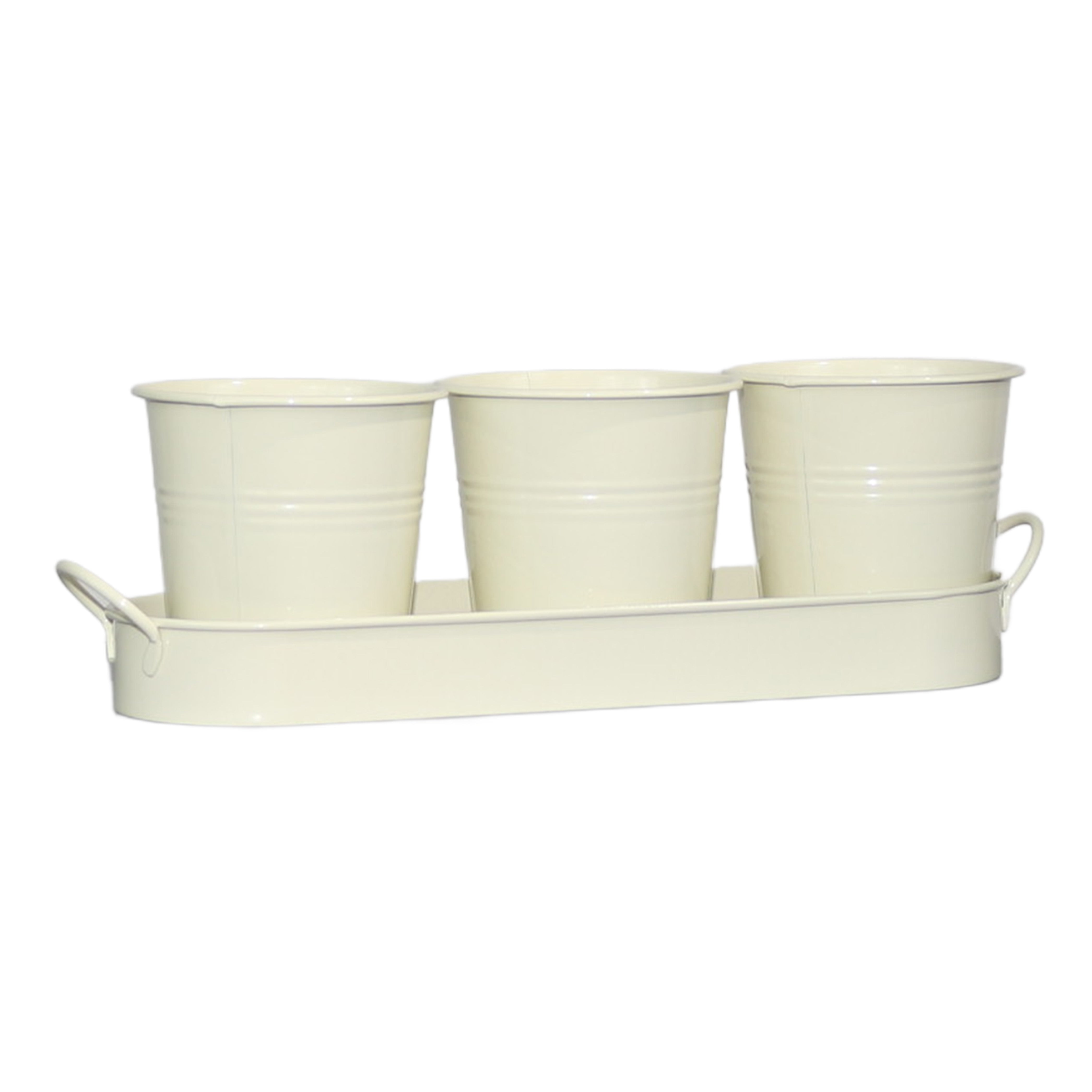 Set of 3 Beige Metal Garden Planters with Tray