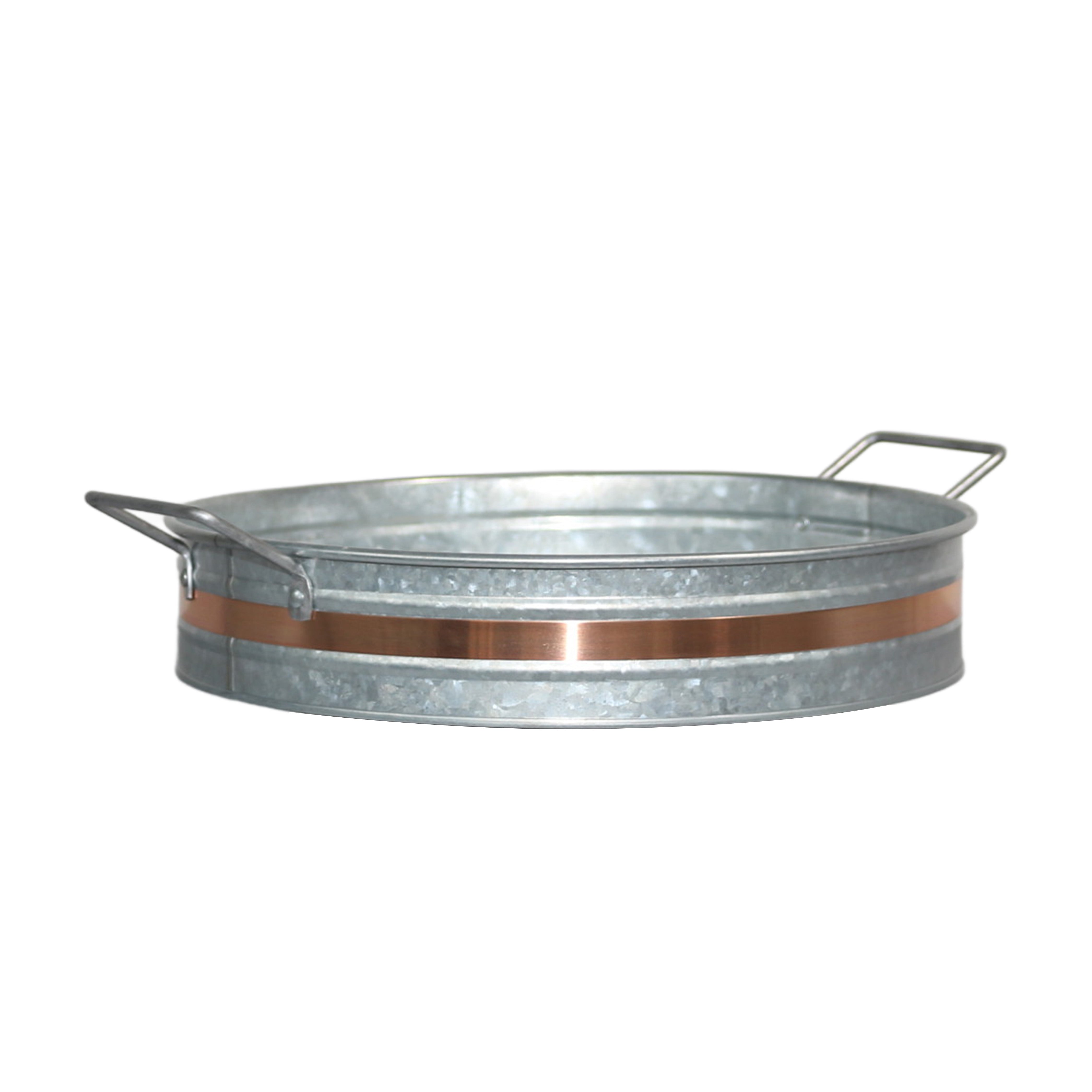 12 in Round Galvanized Metal Serving Tray with Golden Welt and Handle