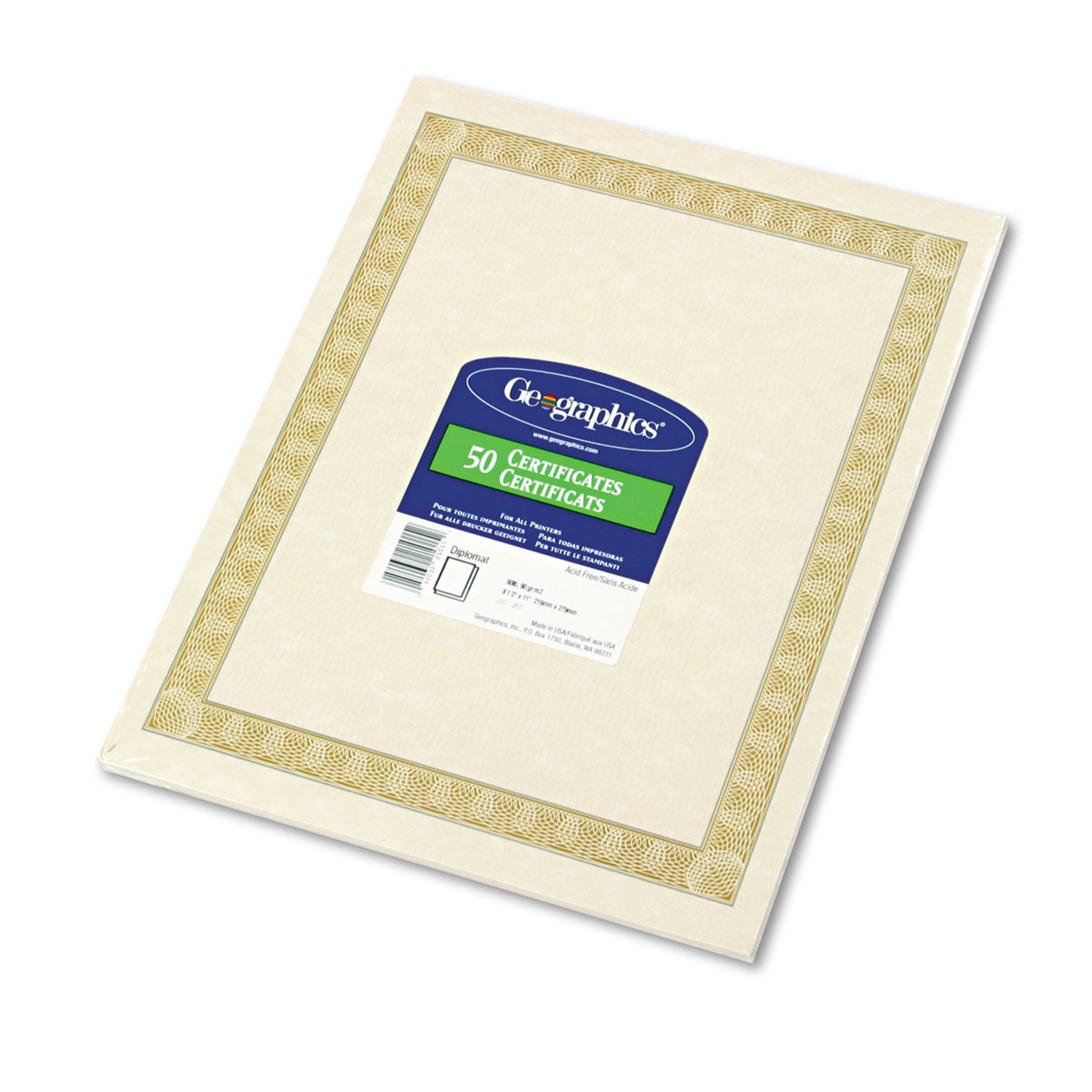 Archival Quality Parchment Paper Certificates, 11 x 8.5, Horizontal Orientation, Natural with White Diplomat Border, 50/Pack - 