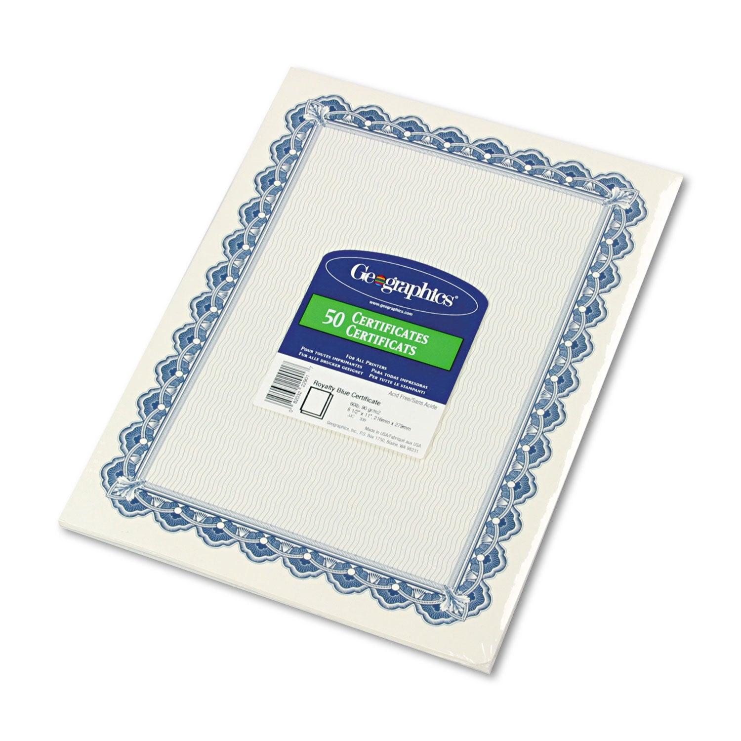 Archival Quality Parchment Paper Certificates, 11 x 8.5, Horizontal Orientation, Blue with Blue Royalty Border, 50/Pack - 